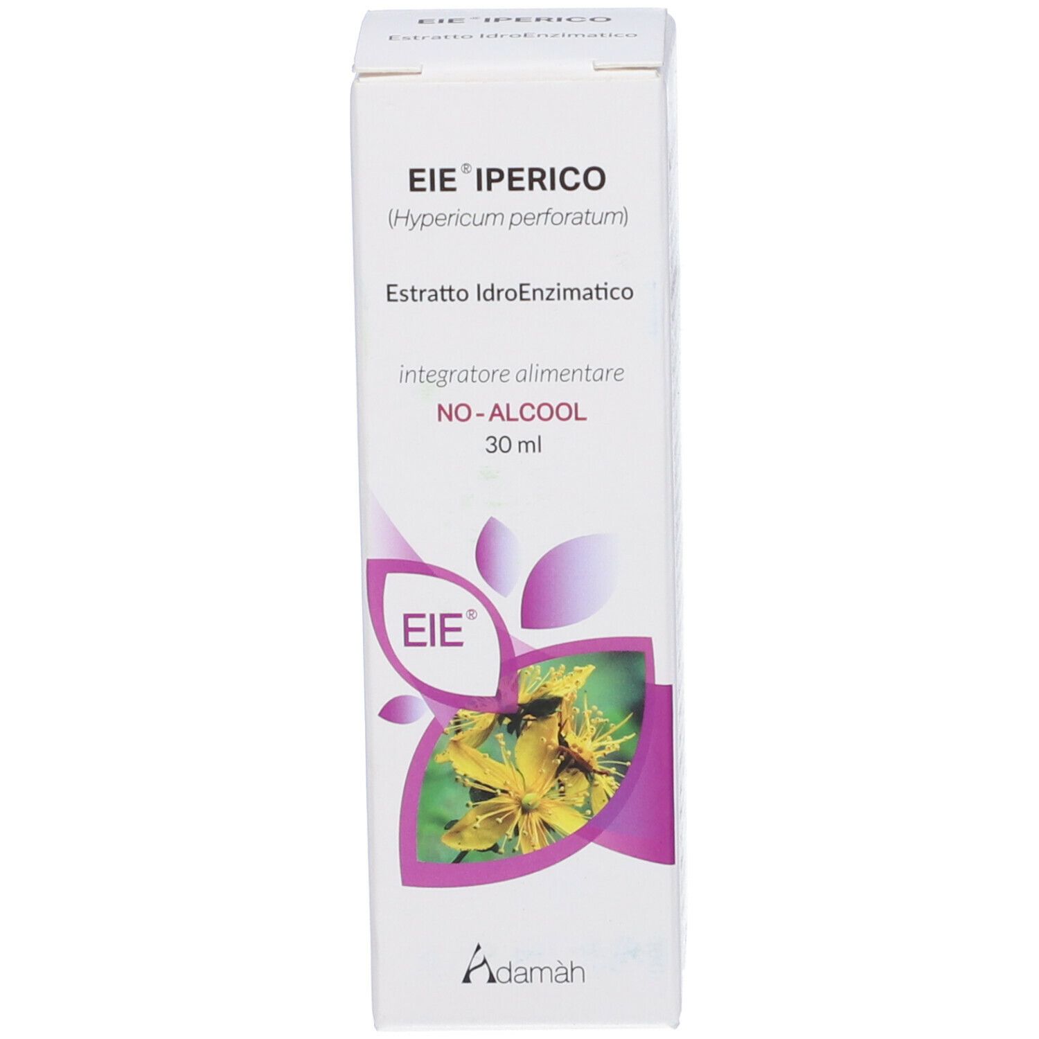 Confezione del prodotto: scatola bianca con accenti viola. Testo: EIE Iperico, 30 ml, NO-ALCOOL. Illustrazione di una pianta.