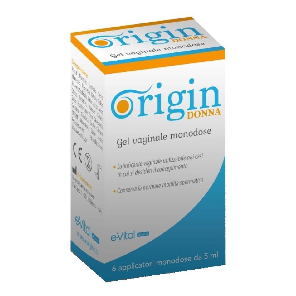 Confezione Origin Donna, Gel vaginale monodose. Contiene 6 applicatori. Marchio CE.