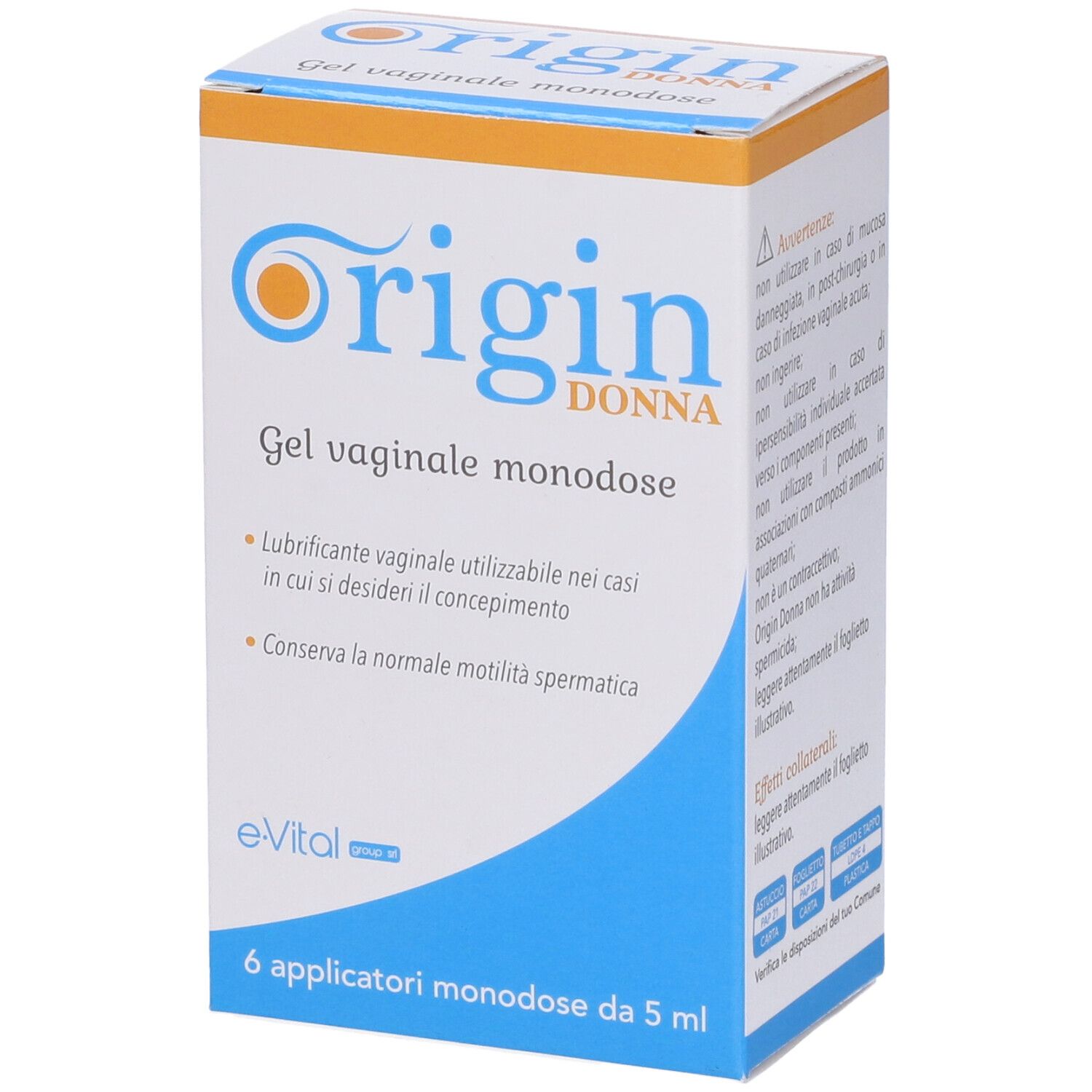 Confezione Origin Donna, Gel vaginale monodose. Contiene 6 applicatori. Confezione blu e bianca.