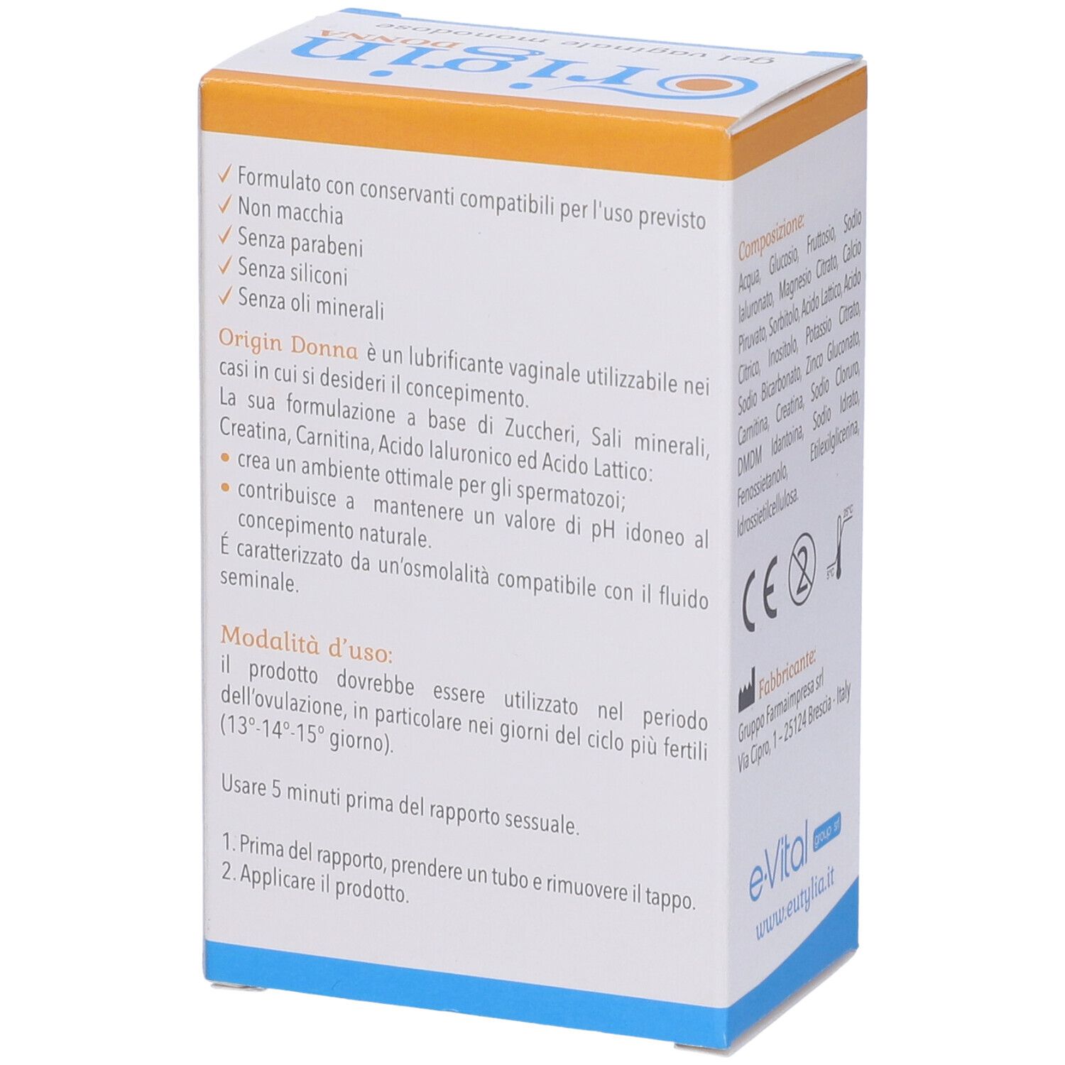 Lato confezione Origin Donna. Informazioni sull'uso e ingredienti.