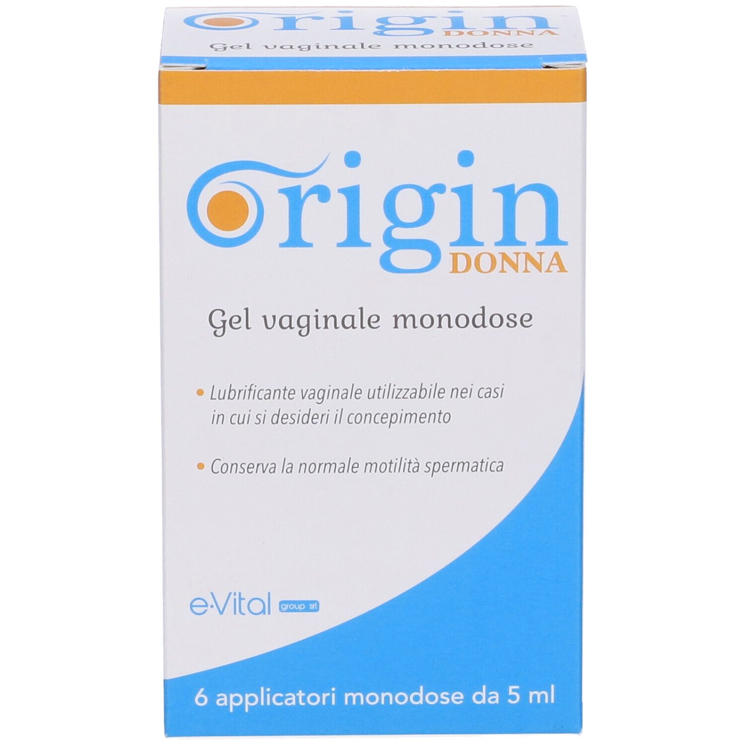 Confezione Origin Donna, Gel vaginale monodose. Contiene 6 applicatori. Confezione blu e bianca.