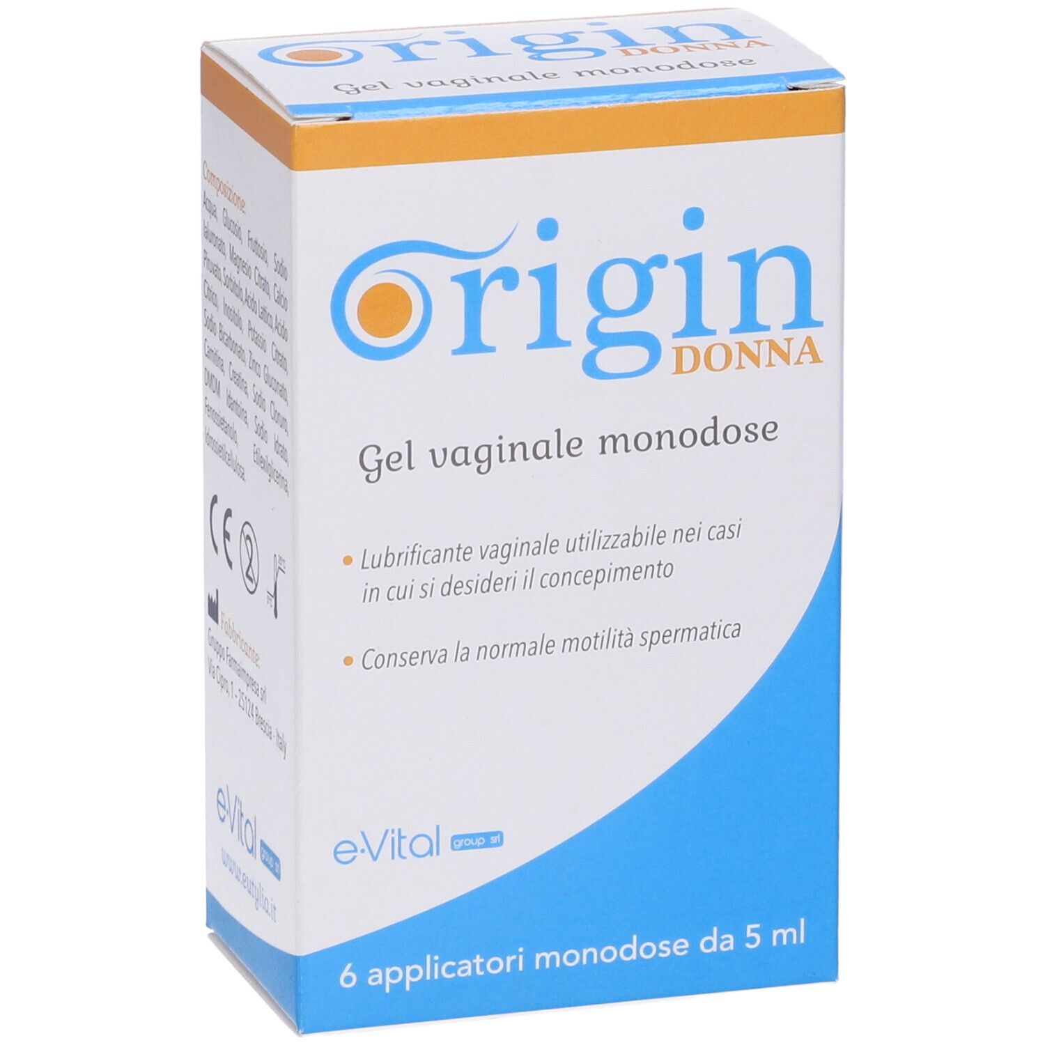 Confezione Origin Donna, Gel vaginale monodose. Contiene 6 applicatori. Confezione blu e bianca.