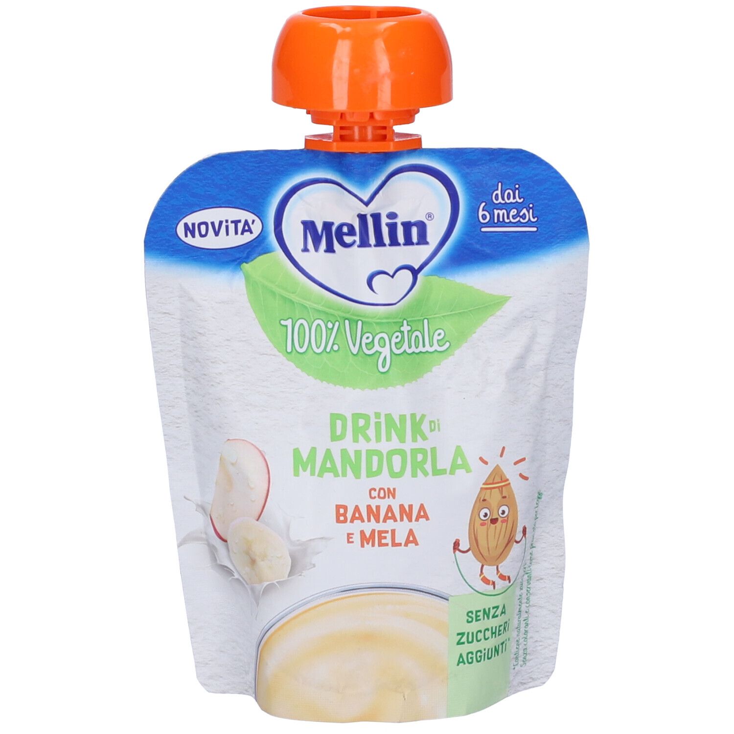 Bustina Mellin Drink Mandorla con mela e banana. Tappo arancione. Scritta: 100% Vegetale, Drink di Mandorla con Banana e Mela.