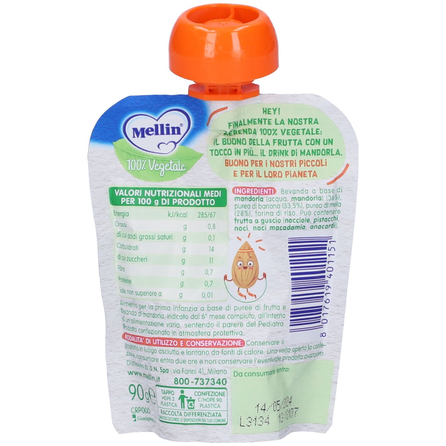 Retro della bustina Mellin Drink Mandorla. Contiene informazioni nutrizionali e ingredienti. Tappo arancione. Testo: 100% Vegetale, Drink di Mandorla.