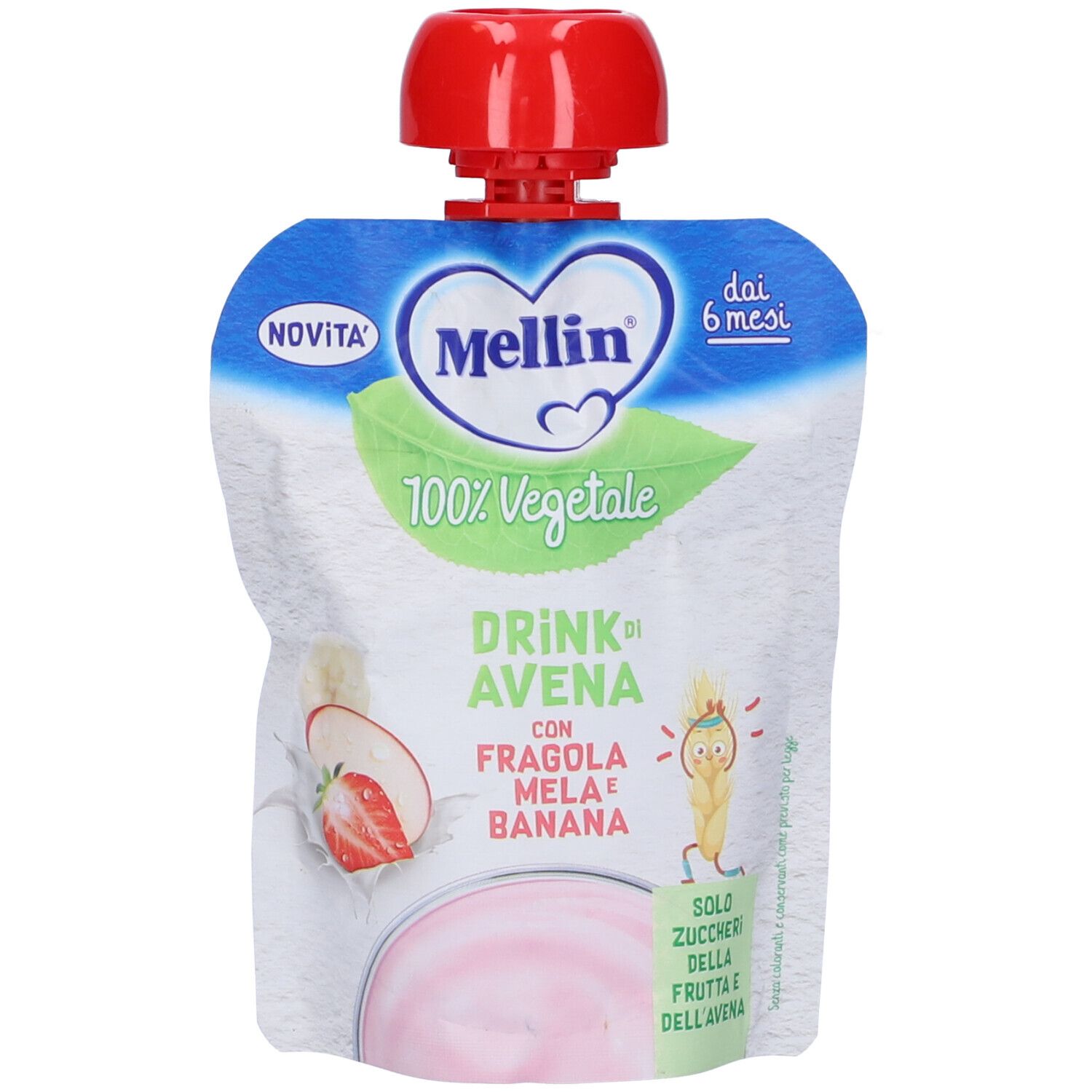 Mellin Pouch. Confezione bianca con tappo rosso. Scritta: Mellin, 100% Vegetale, Drink di Avena con fragola, mela, banana.