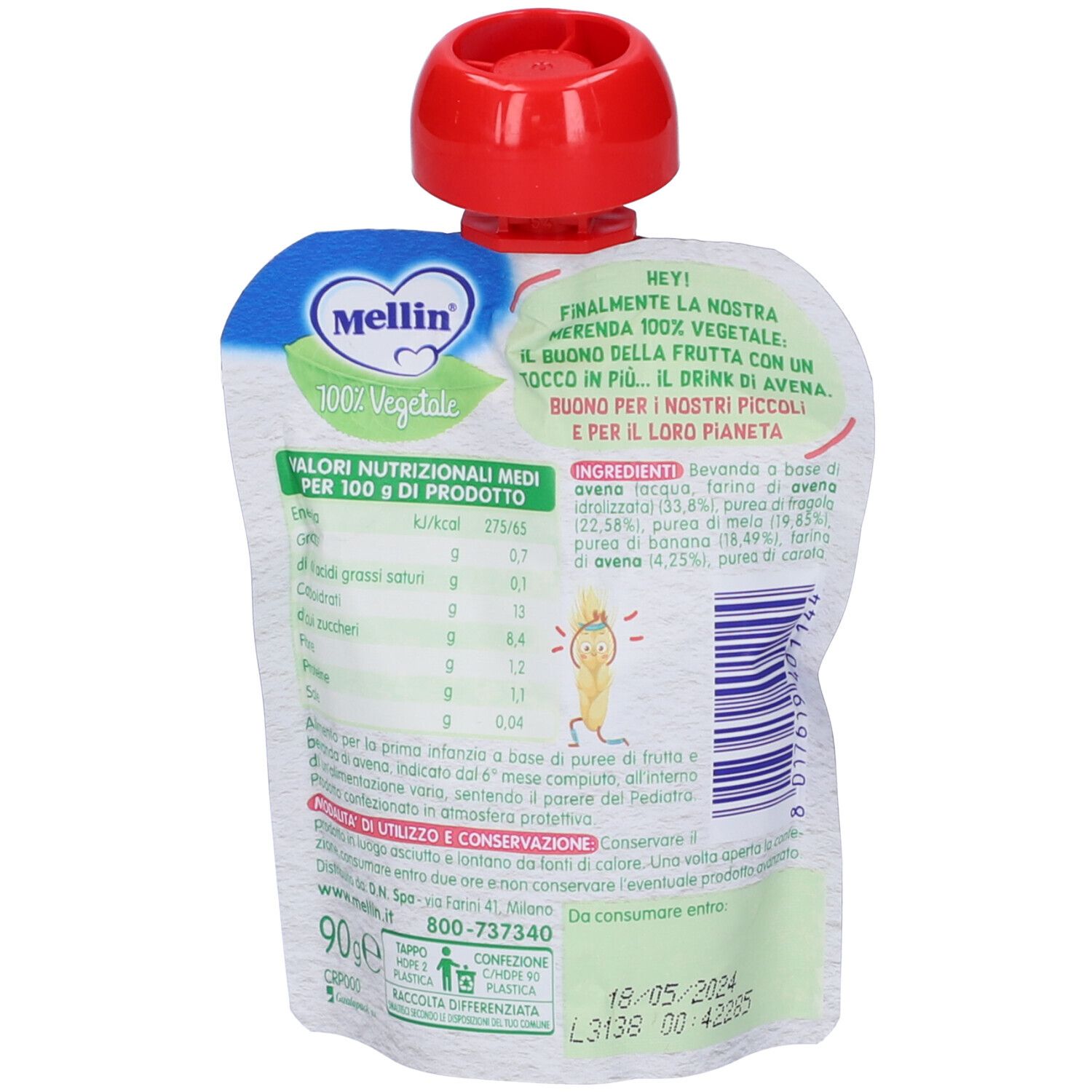 Retro del Mellin Pouch. Contiene informazioni nutrizionali e lista ingredienti. Stampa verde con testo. Tappo rosso.