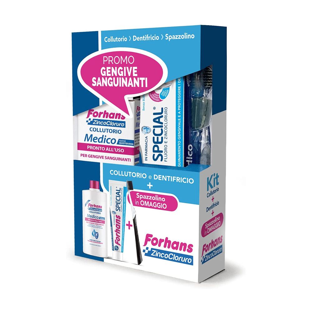 Kit dentale con collutorio, dentifricio e spazzolino. Cartello rosa: Gengive Sanguinanti.