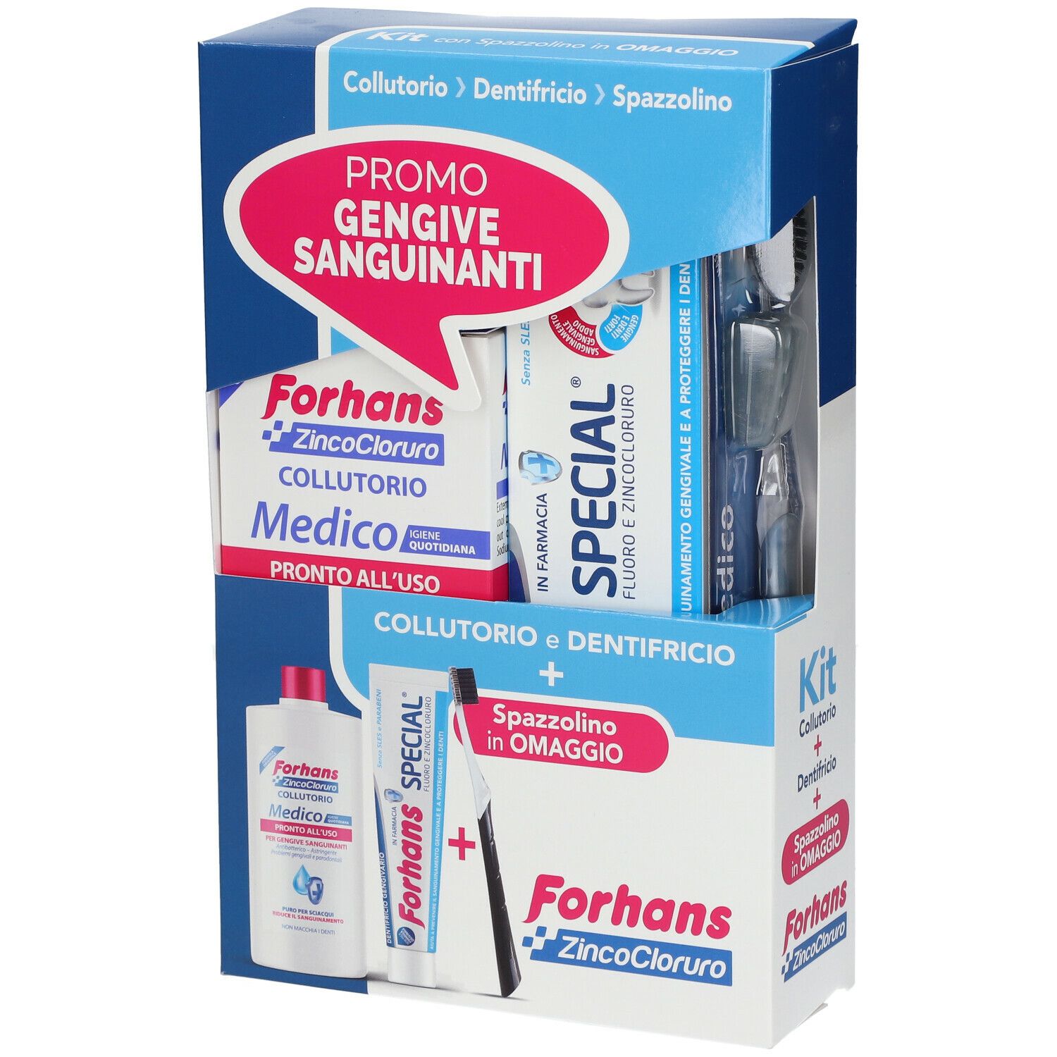 Kit dentale con collutorio, dentifricio e spazzolino. Cartello rosa: Gengive Sanguinanti.