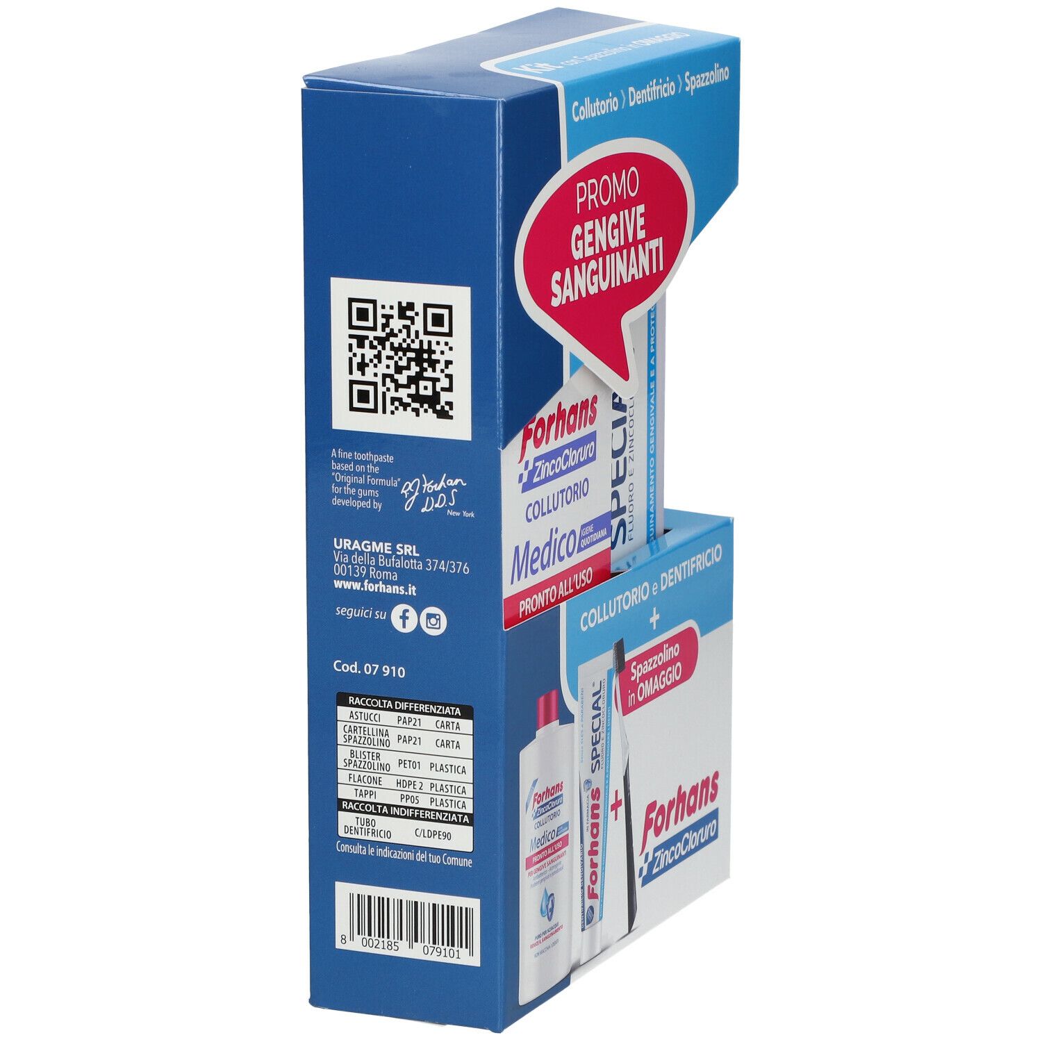 Retro della confezione con testo, codice QR e immagini dei prodotti. Cartello rosa: Gengive Sanguinanti.