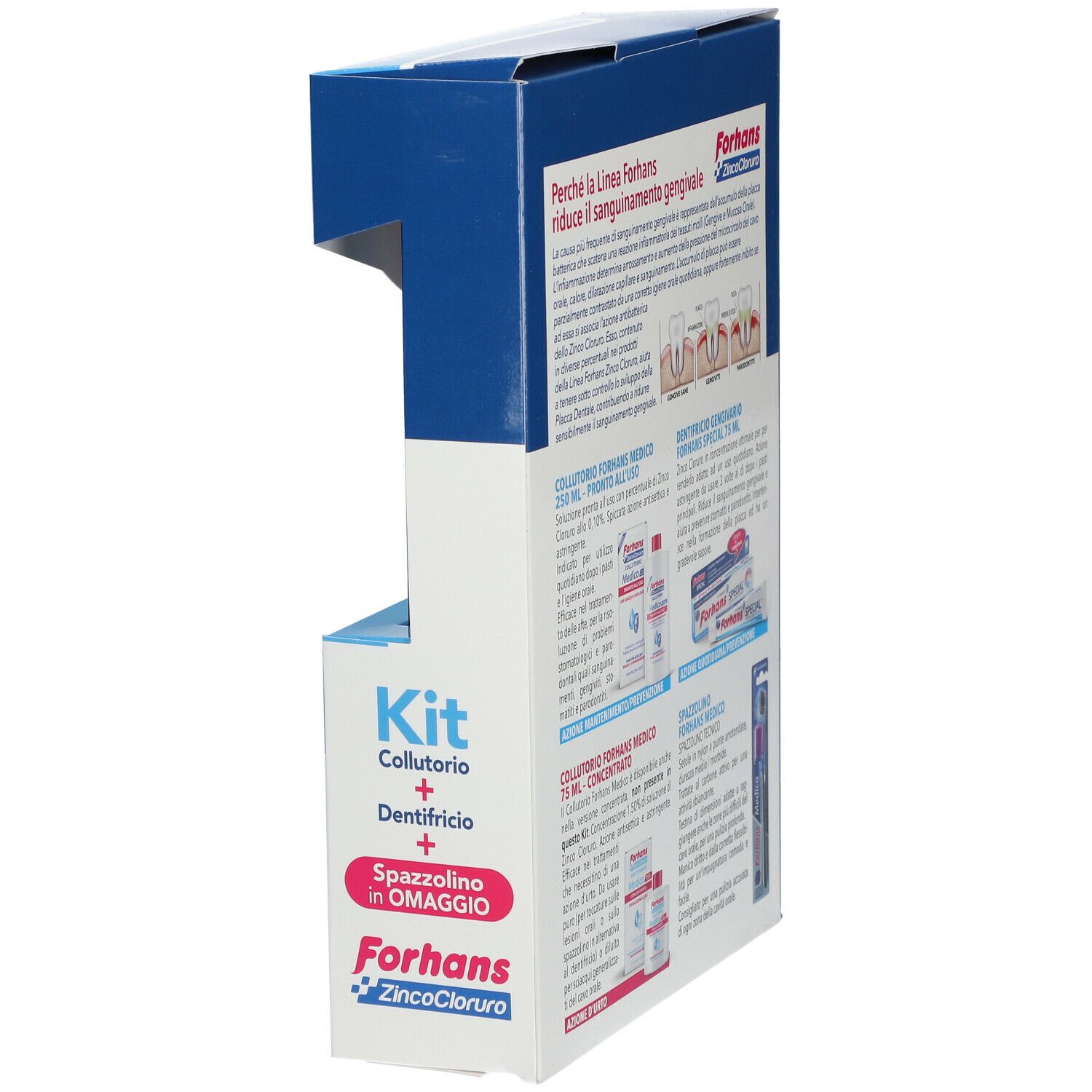 Kit dentale con collutorio, dentifricio e spazzolino. Cartello rosa: Gengive Sanguinanti.