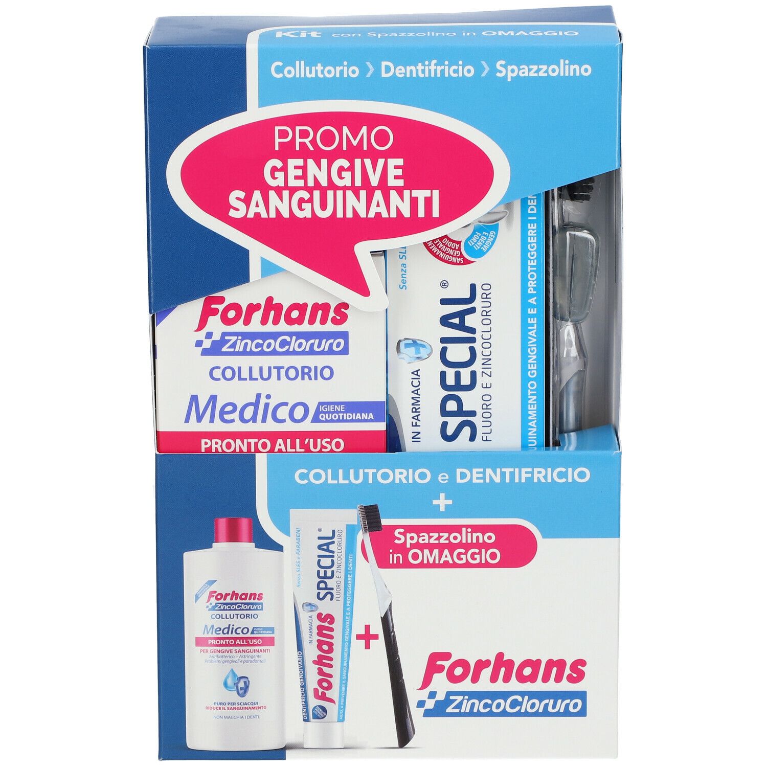 Kit dentale con collutorio, dentifricio e spazzolino. Cartello rosa: Gengive Sanguinanti.