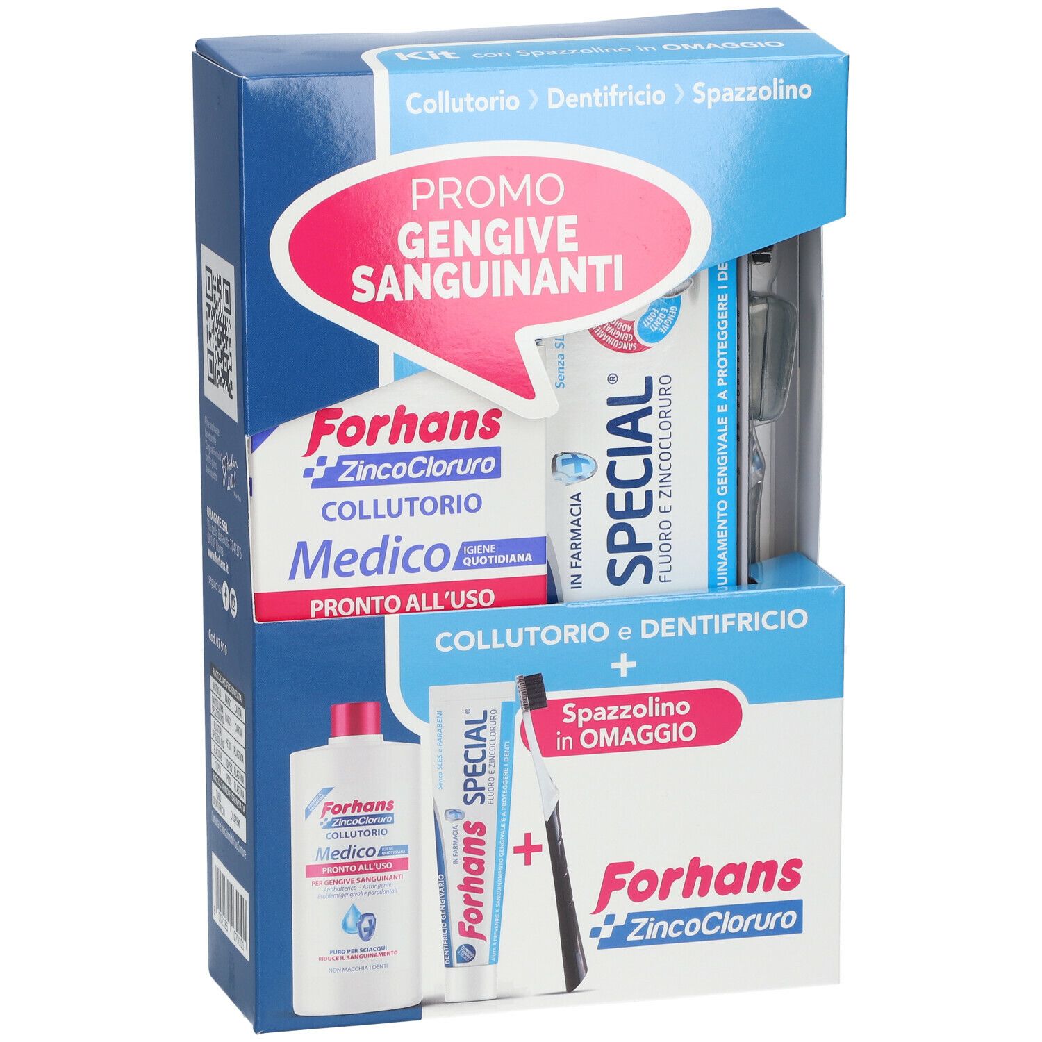 Kit dentale con collutorio, dentifricio e spazzolino. Cartello rosa: Gengive Sanguinanti.