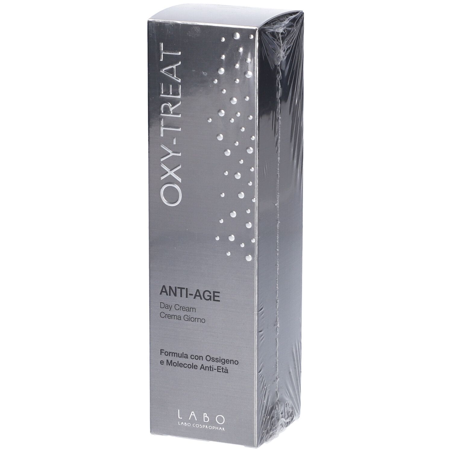 Scatola "OXY-TREAT ANTI-AGE Day Cream". Confezione argentata, nome del prodotto e logo visibili.