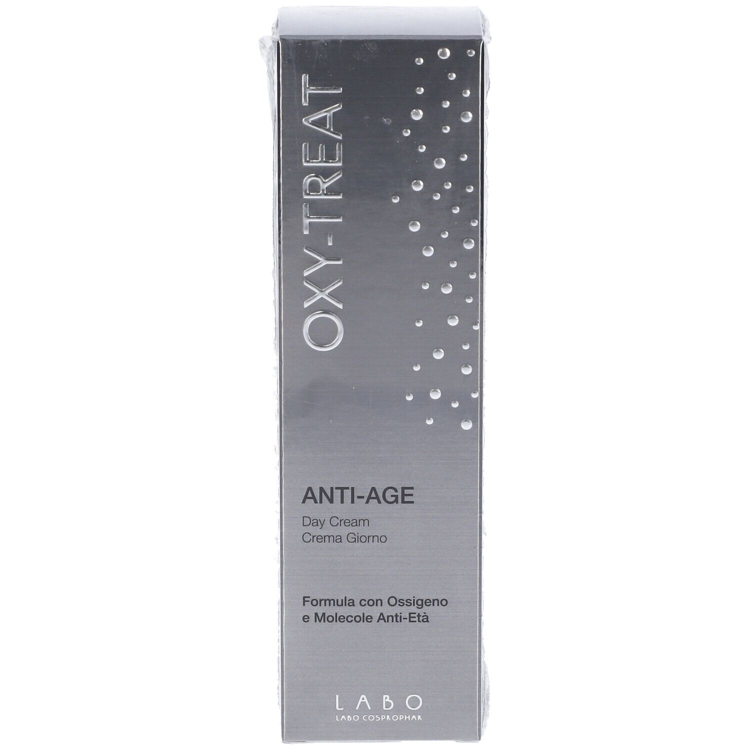 Fronte scatola "OXY-TREAT ANTI-AGE Day Cream". Nome prodotto, logo e testo su argento.