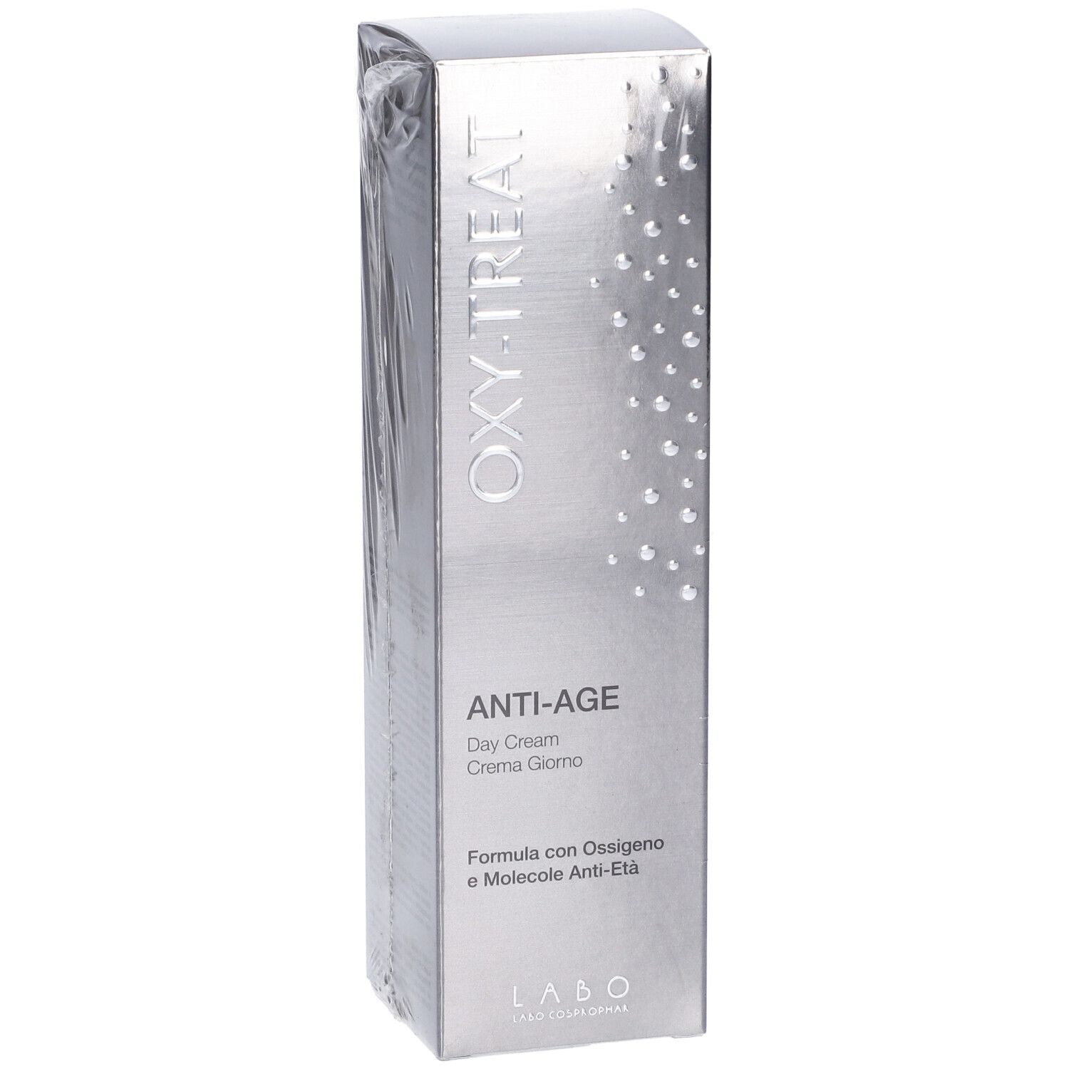 Fronte scatola "OXY-TREAT ANTI-AGE Day Cream". Nome prodotto, logo e testo su argento.