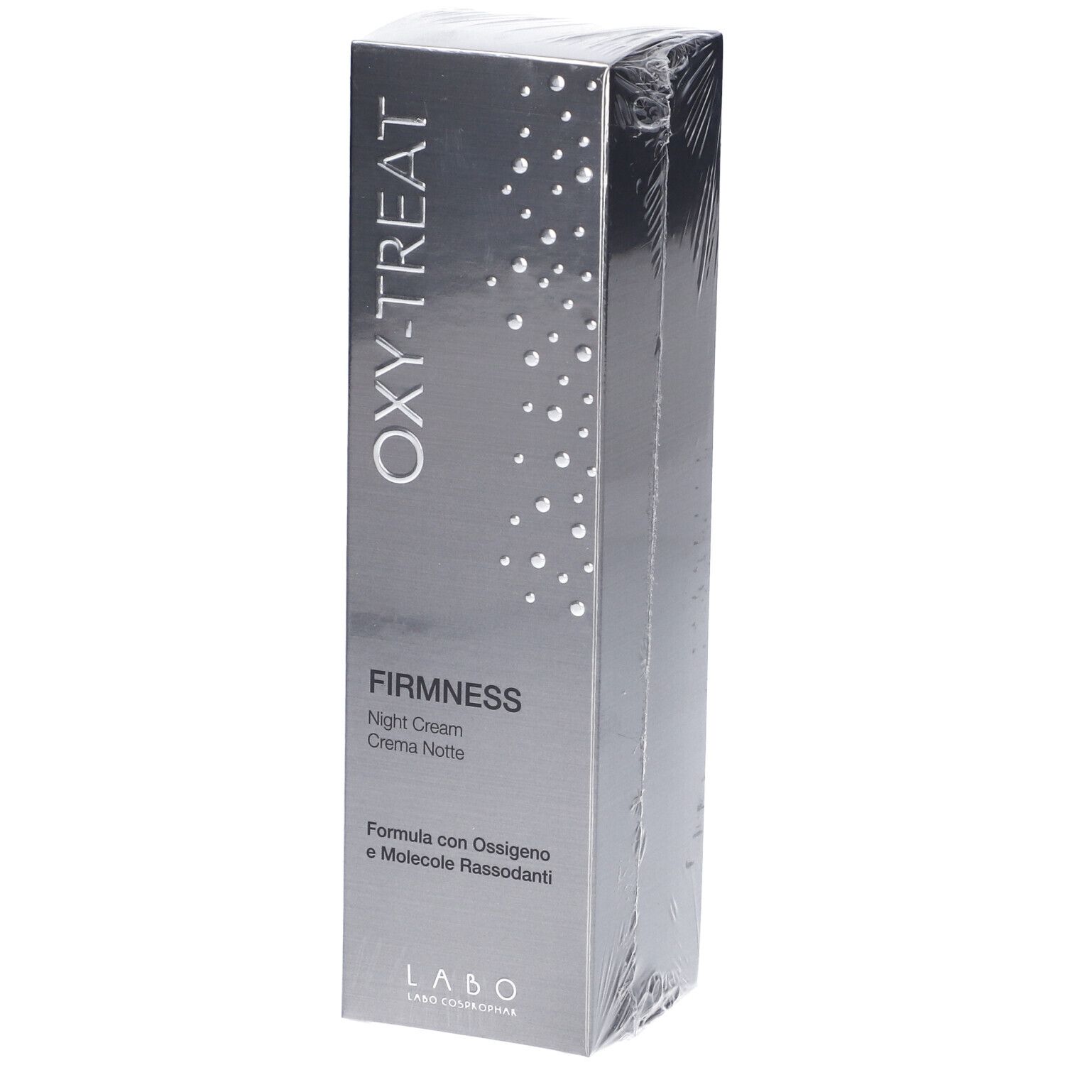Confezione crema notte Oxy-Treat Firmness. Scatola argentata con nome e testo del prodotto. Confezionato in pellicola.