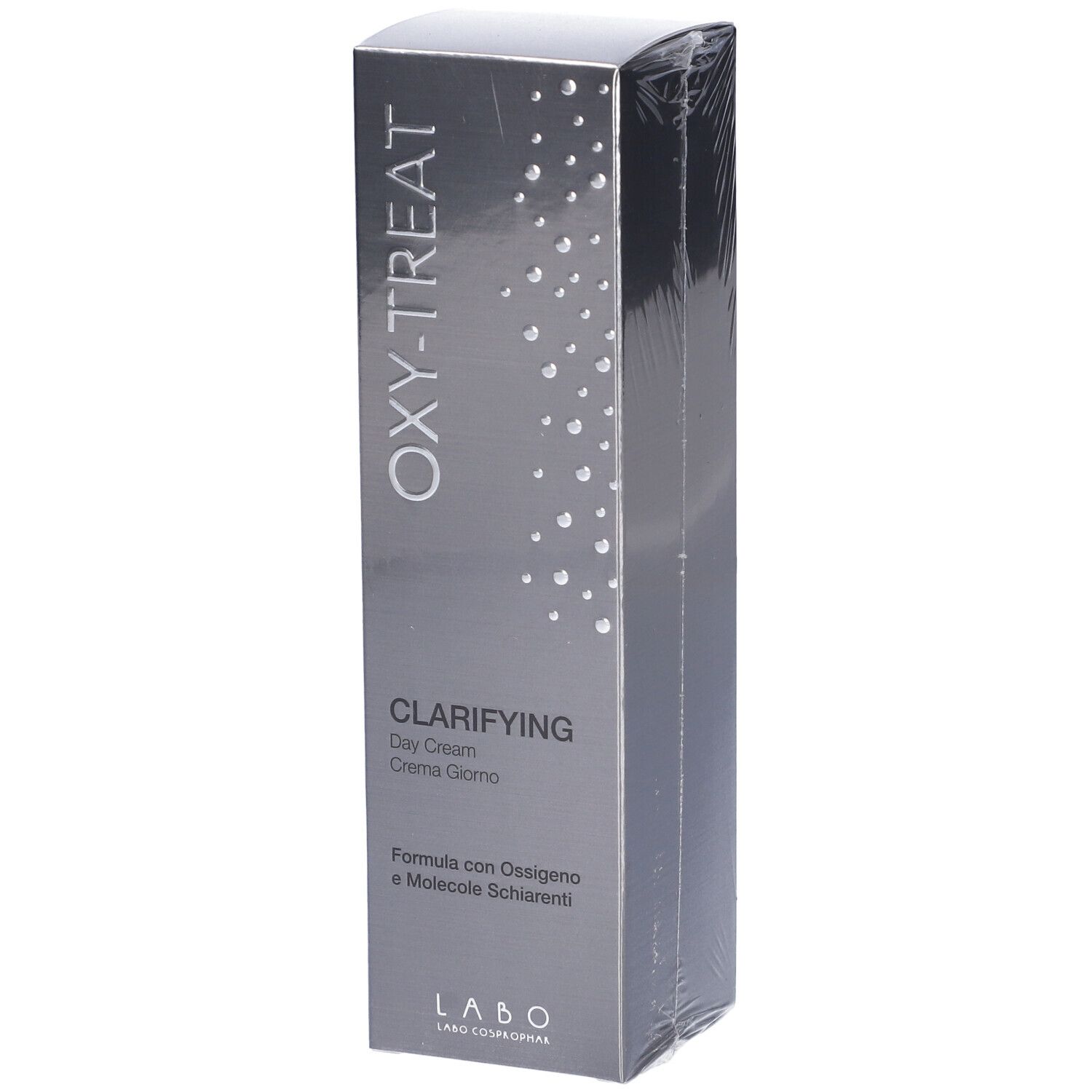 Scatola in film. Scritta OXY-TREAT, CLARIFYING Day Cream, formula con ossigeno e molecole schiarenti. LABO.