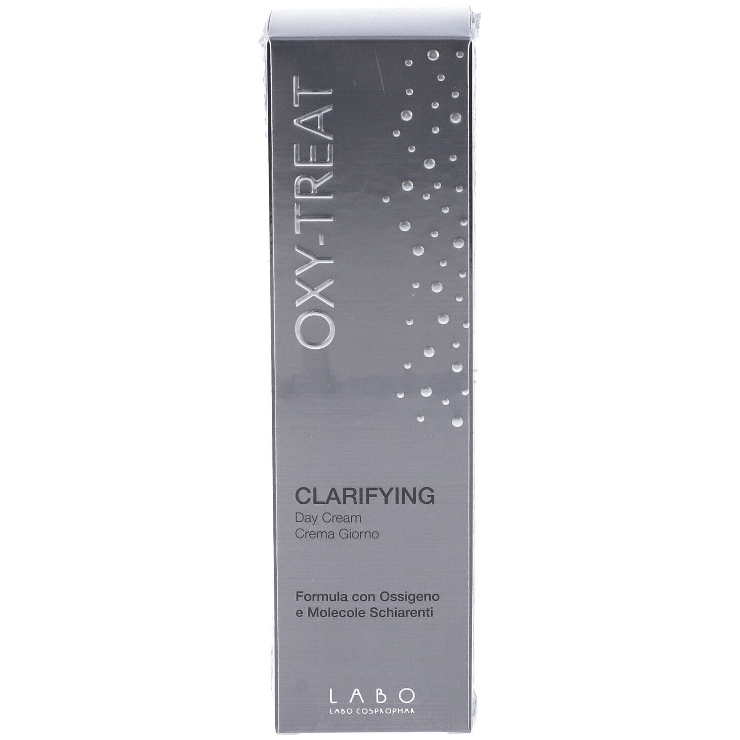 Scatola in film. Scritta OXY-TREAT, CLARIFYING Day Cream, formula con ossigeno e molecole schiarenti. LABO.