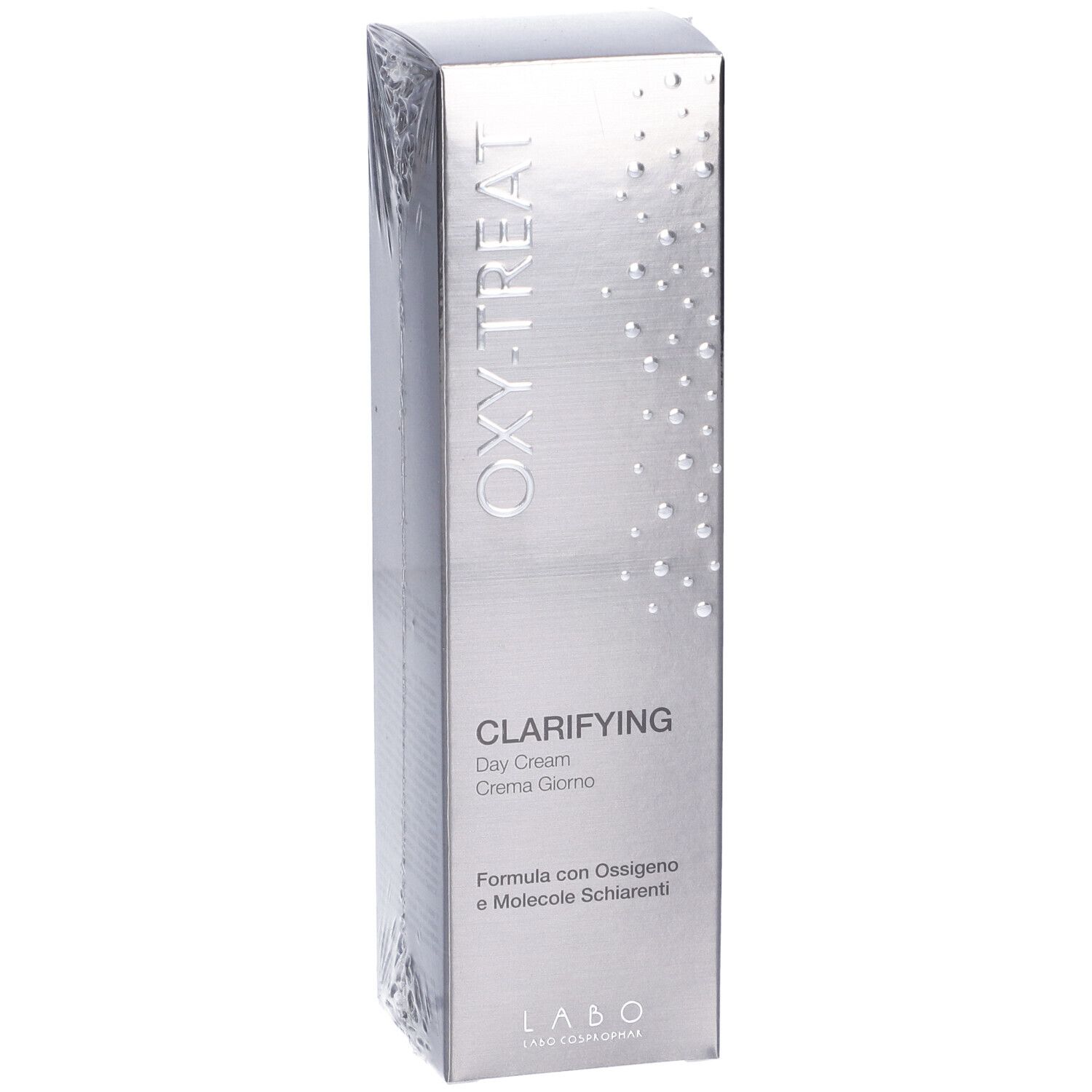 Scatola in film. Scritta OXY-TREAT, CLARIFYING Day Cream, formula con ossigeno e molecole schiarenti. LABO.