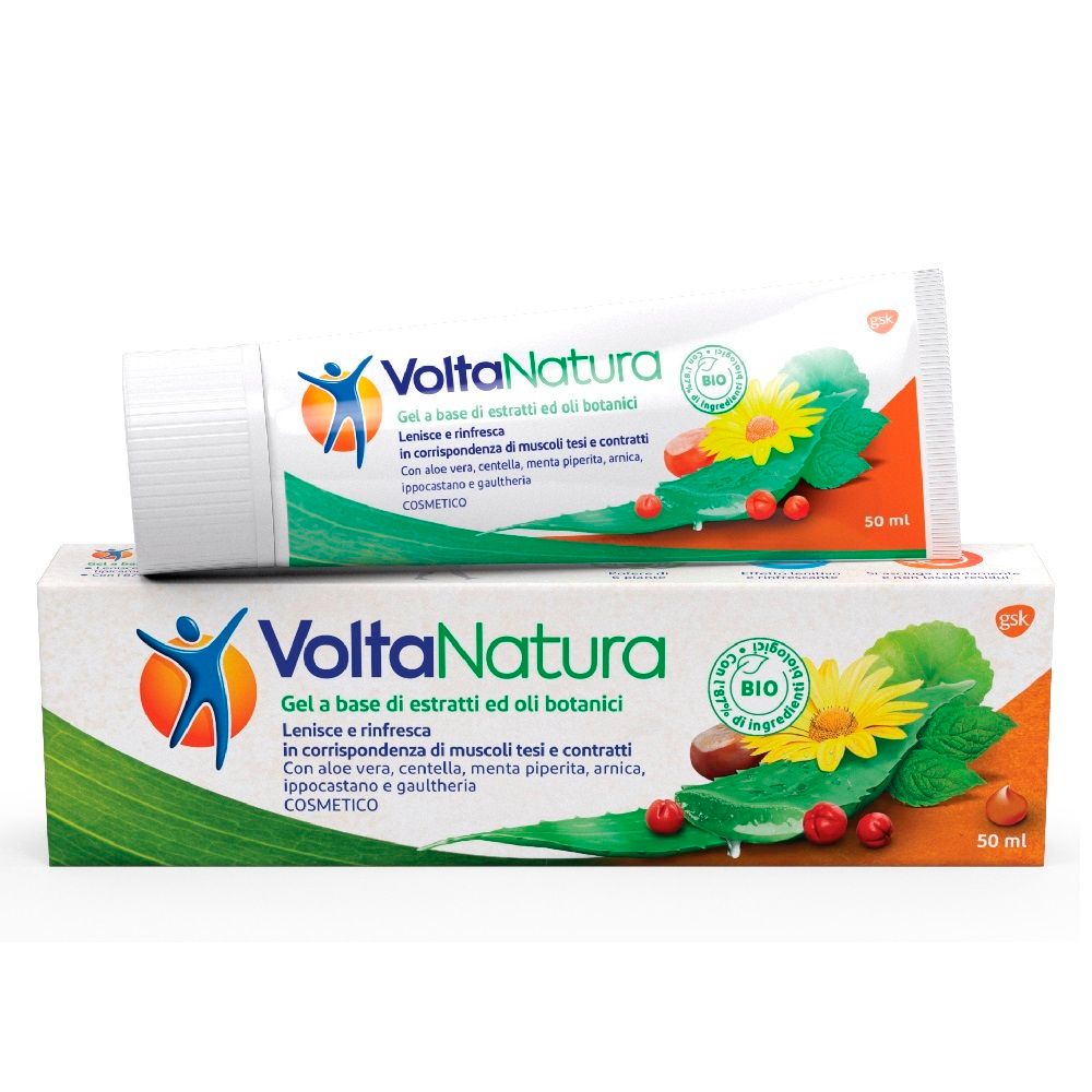Tubo e scatola VoltaNatura. Design verde e bianco con illustrazioni. Scritto: 50 ml.