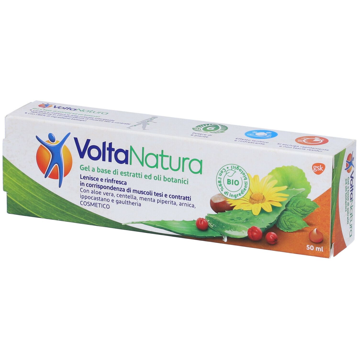 Confezione VoltaNatura. Design verde e bianco con illustrazioni botaniche. Scritto: 50 ml.