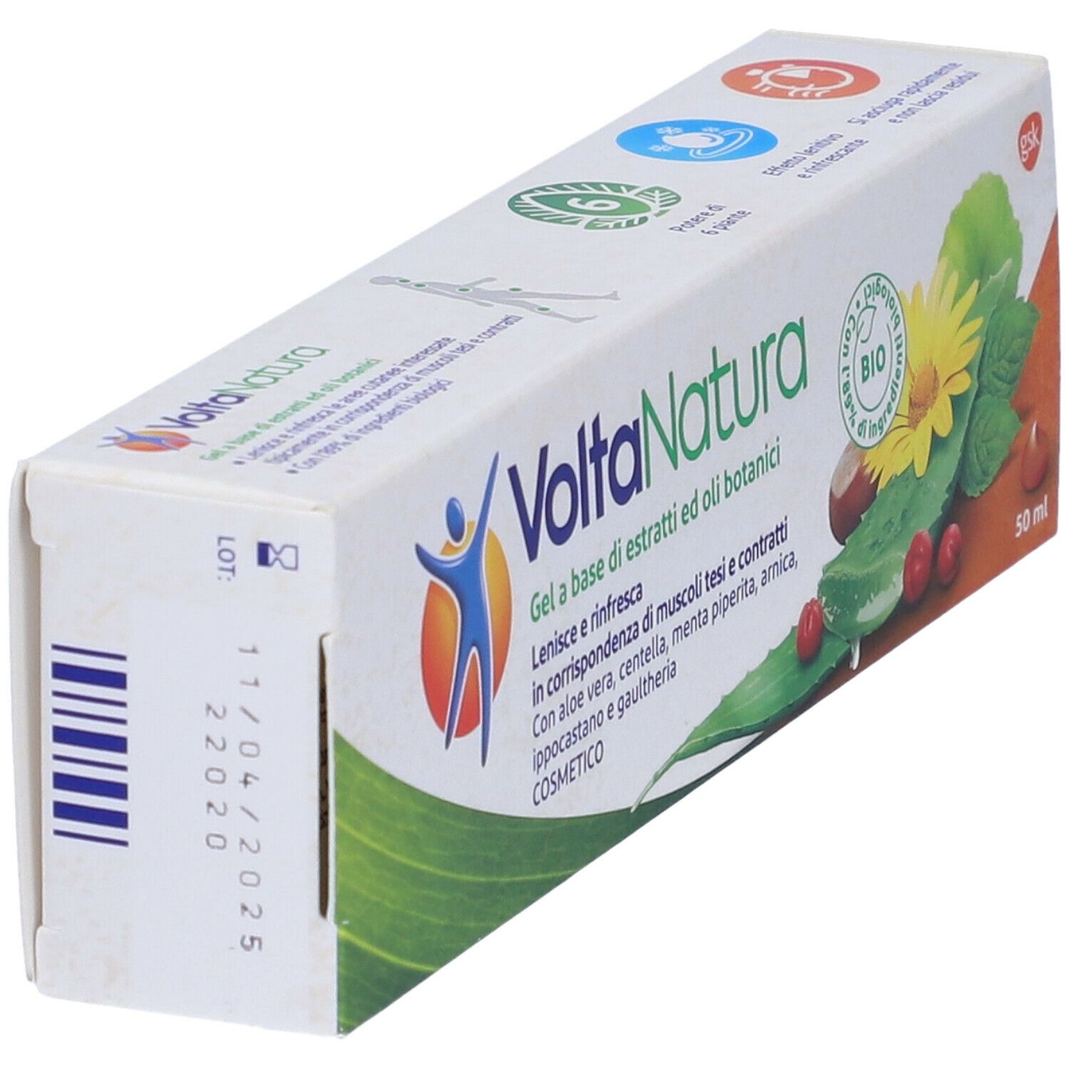 Confezione VoltaNatura. Design verde e bianco con illustrazioni botaniche. Scritto: 50 ml.