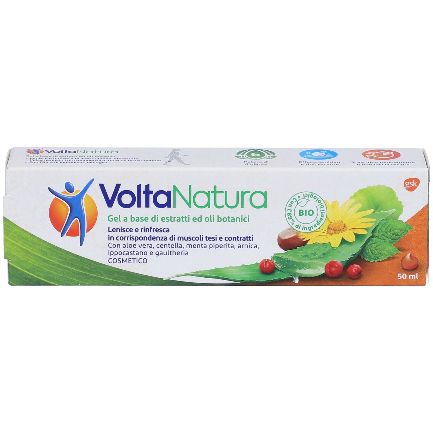 Confezione VoltaNatura. Design verde e bianco con illustrazioni botaniche. Scritto: 50 ml.