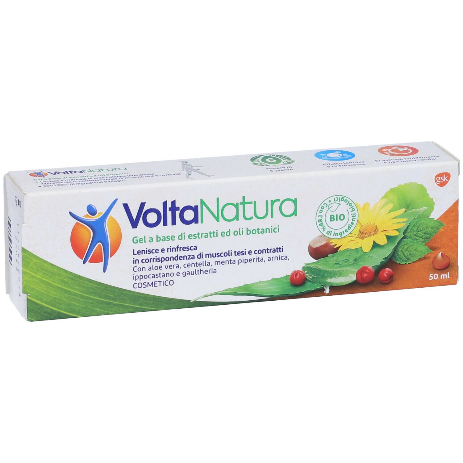 Confezione VoltaNatura. Design verde e bianco con illustrazioni botaniche. Scritto: 50 ml.
