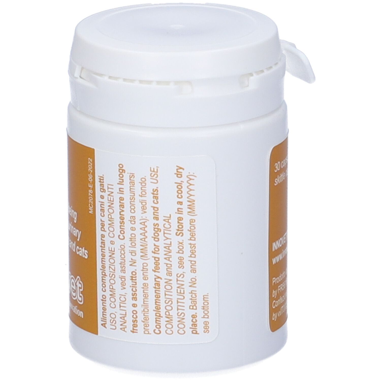 Urys Caps-Flasche. Weiße Flasche mit braunem Etikett. Aufschrift Urys Caps und Logo.