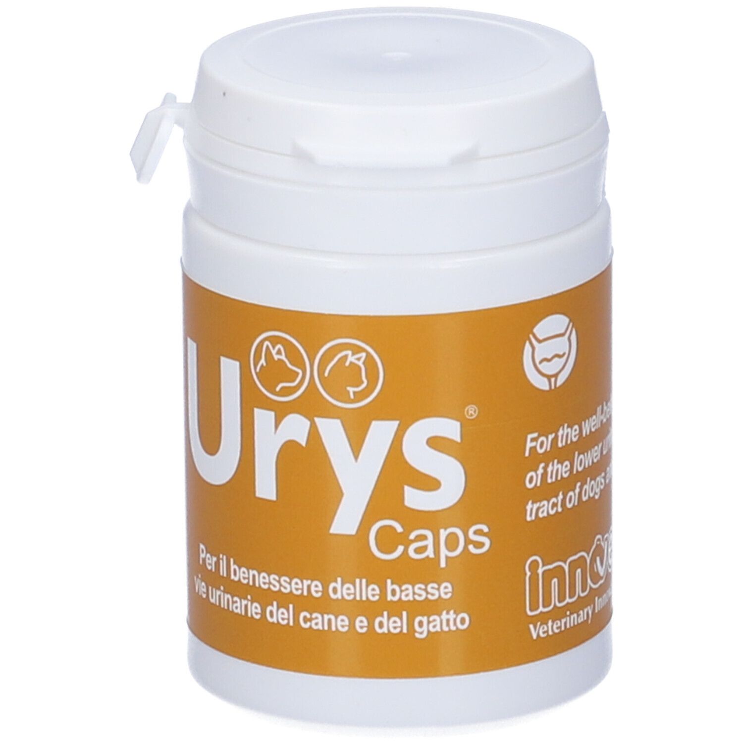 Urys Caps-Flasche. Weiße Flasche mit braunem Etikett. Aufschrift Urys Caps und Logo.