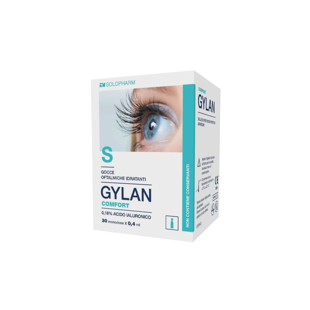 Confezione di Gylan Comfort gocce oftalmiche. Contiene 30 monodose. Sulla confezione è raffigurato un occhio.