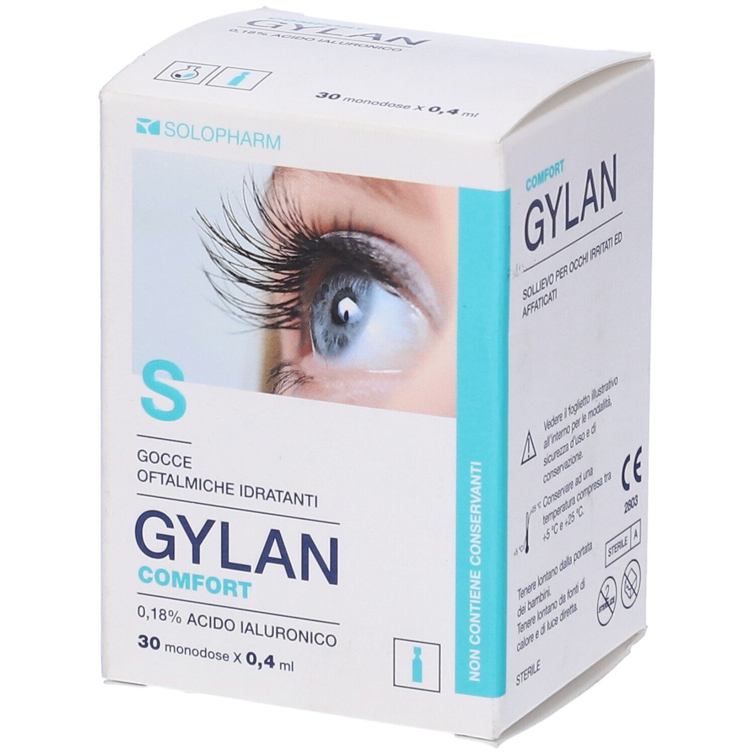 Confezione di Gylan Comfort gocce oftalmiche. Contiene 30 monodose. Sulla confezione è raffigurato un occhio.
