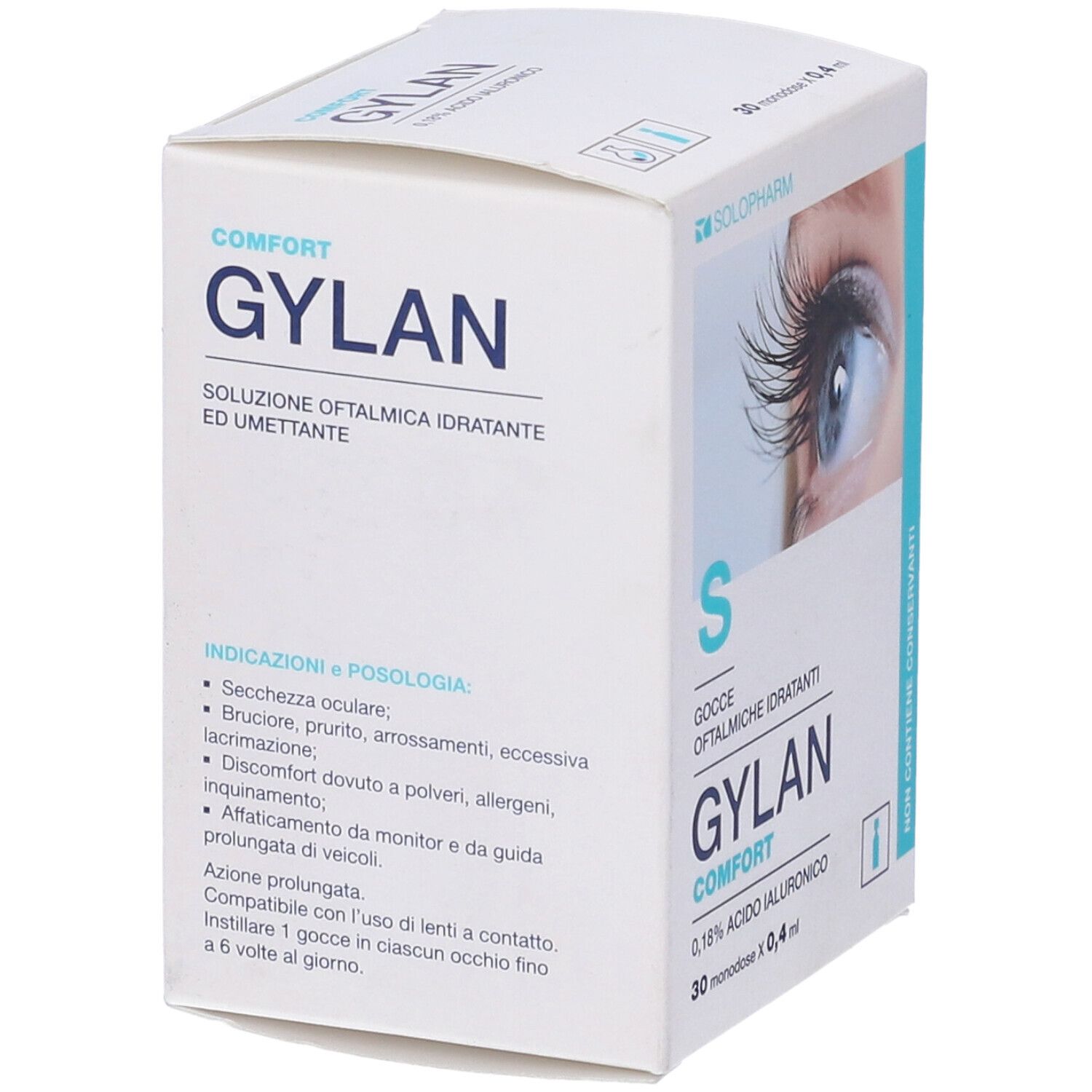 Confezione di Gylan Comfort gocce oftalmiche. Contiene 30 monodose. Sulla confezione è raffigurato un occhio.
