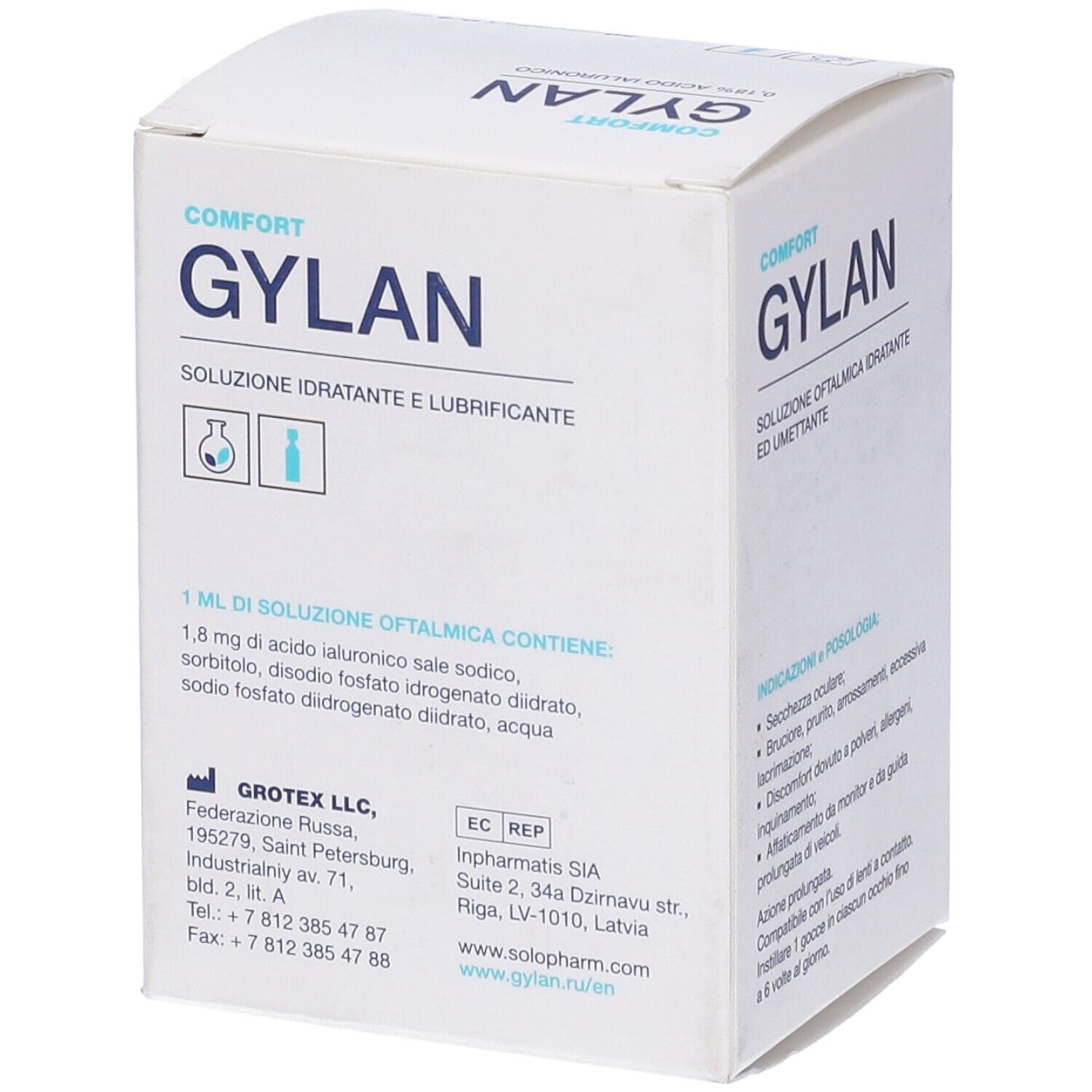 Confezione di Gylan Comfort gocce oftalmiche. Contiene 30 monodose. Sulla confezione è raffigurato un occhio.