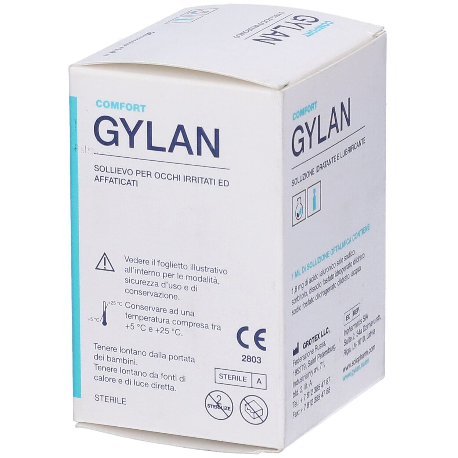 Confezione di Gylan Comfort gocce oftalmiche. Contiene 30 monodose. Sulla confezione è raffigurato un occhio.