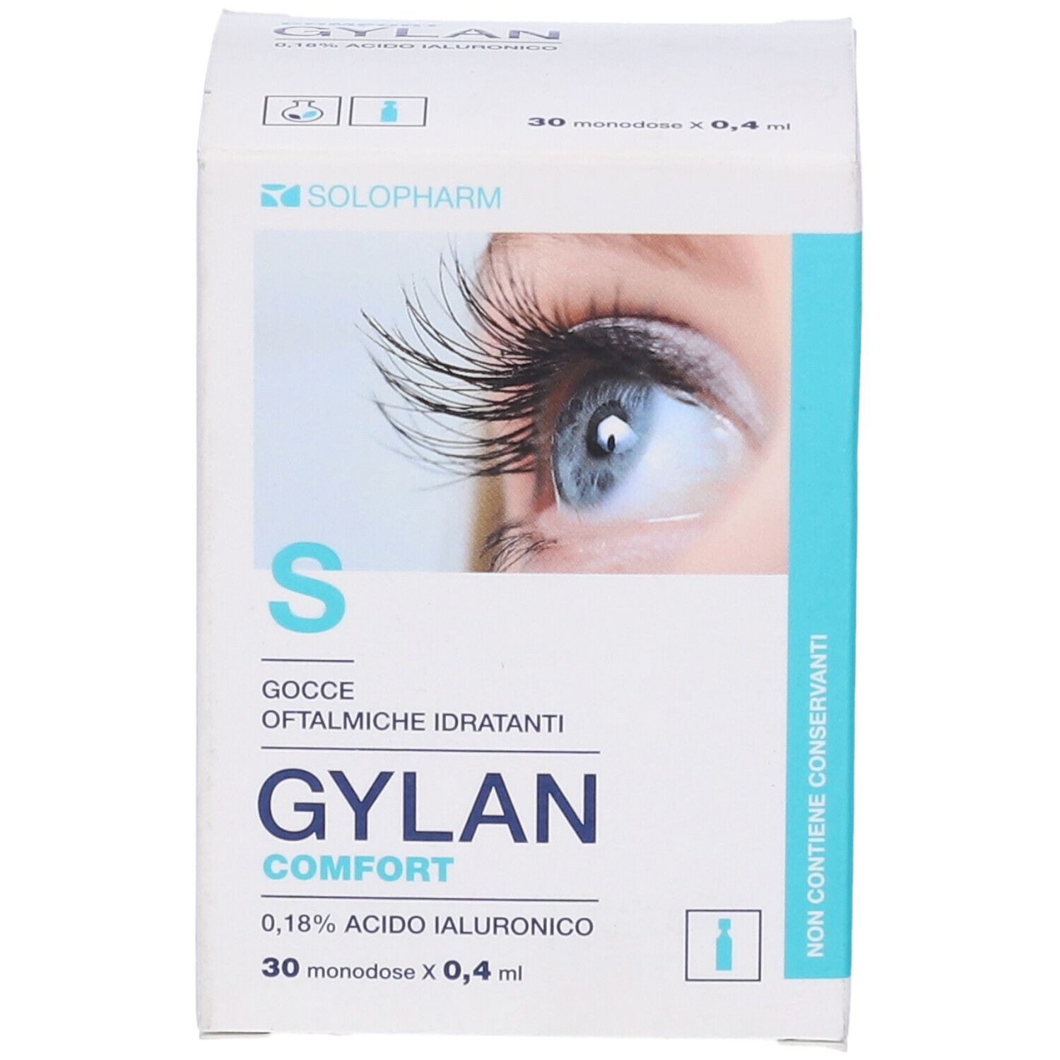 Confezione di Gylan Comfort gocce oftalmiche. Contiene 30 monodose. Sulla confezione è raffigurato un occhio.