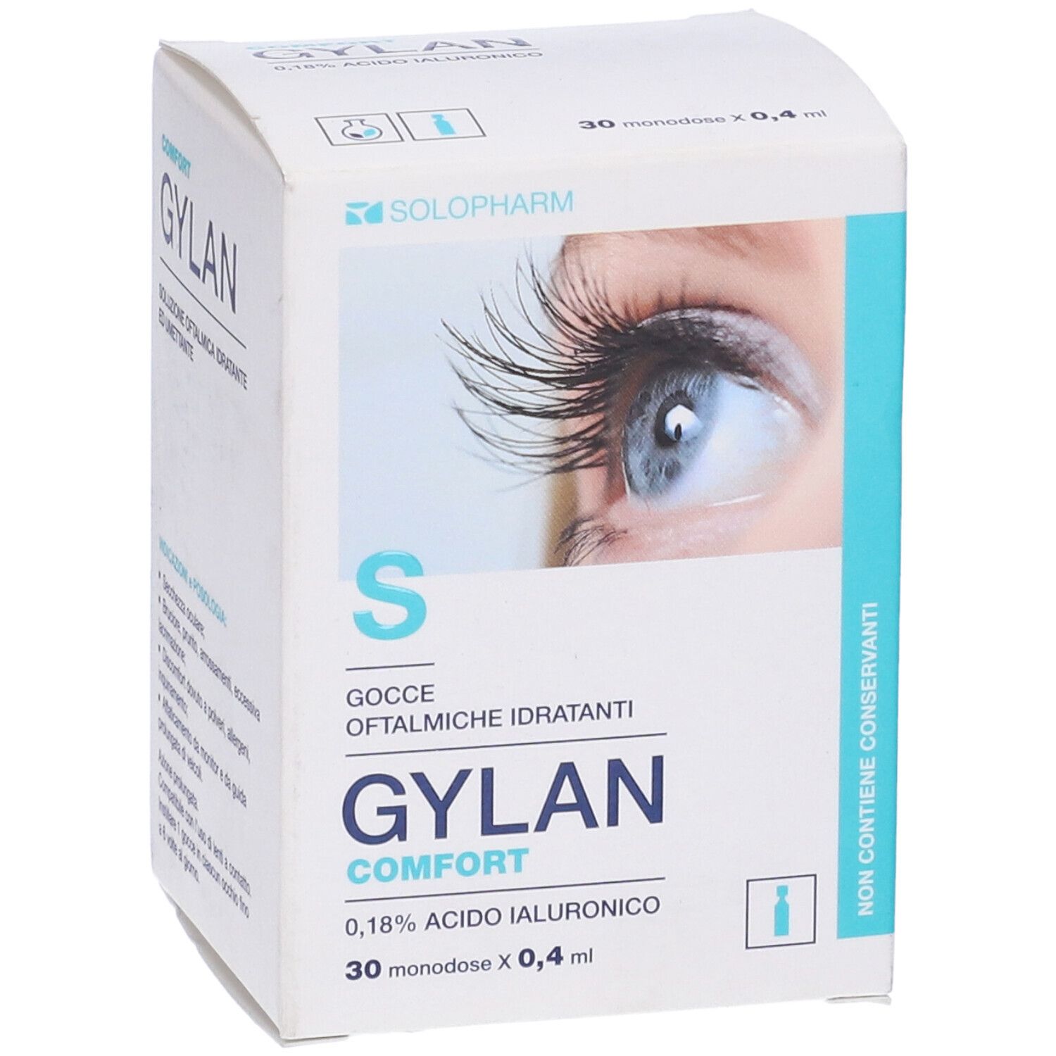 Confezione di Gylan Comfort gocce oftalmiche. Contiene 30 monodose. Sulla confezione è raffigurato un occhio.