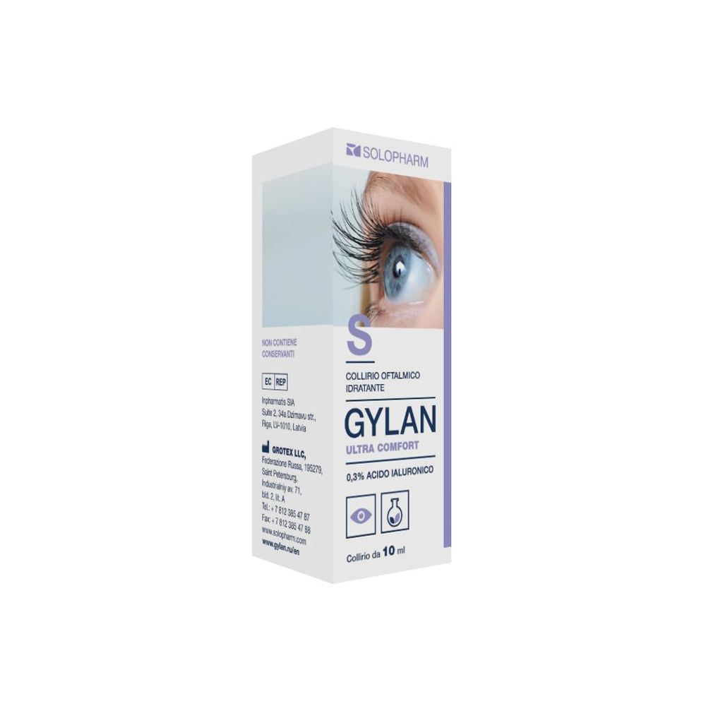 Confezione di Gylan Ultra Comfort. Scatola bianca con informazioni e immagine di un occhio.
