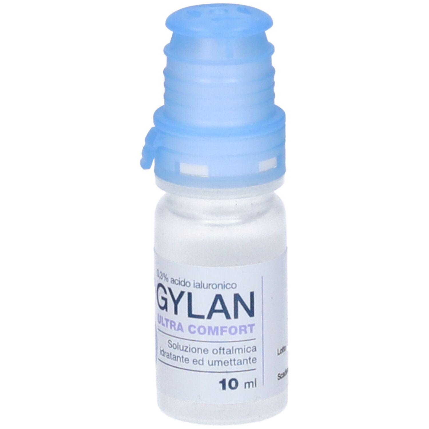 Flacone di Gylan Ultra Comfort con tappo blu. Contiene 10 ml.