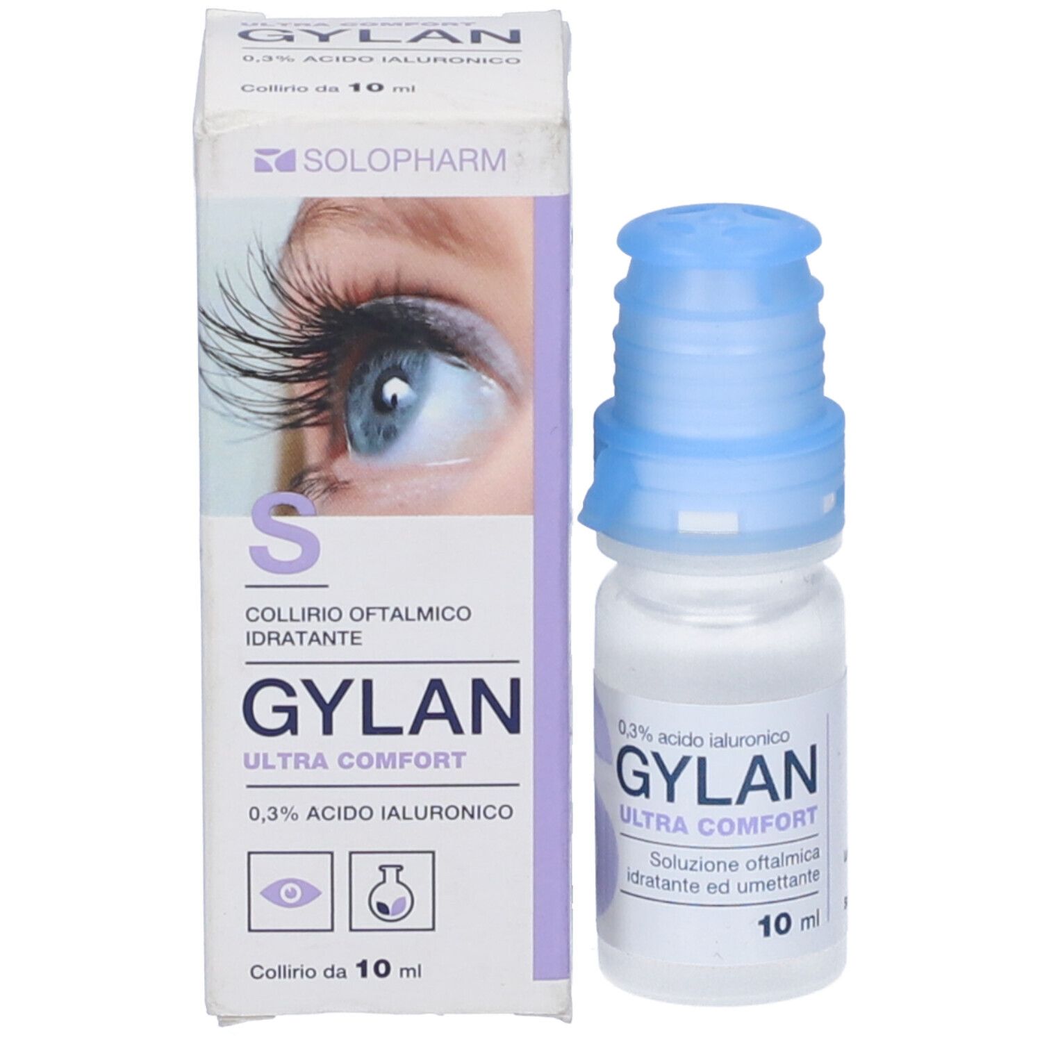 Flacone e confezione di Gylan Ultra Comfort. Flacone con tappo blu.