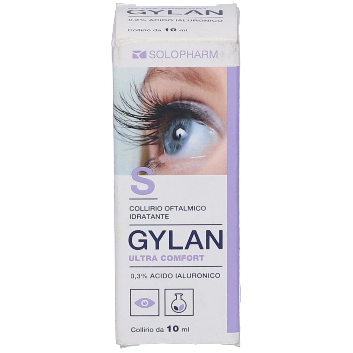Confezione di Gylan Ultra Comfort. Scatola bianca con informazioni e immagine di un occhio.