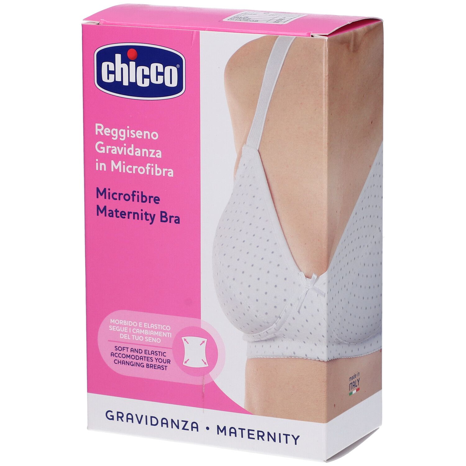 Scatola Chicco con reggiseno premaman in microfibra. Bianco a pois. Scritto: Reggiseno Gravidanza in Microfibra.