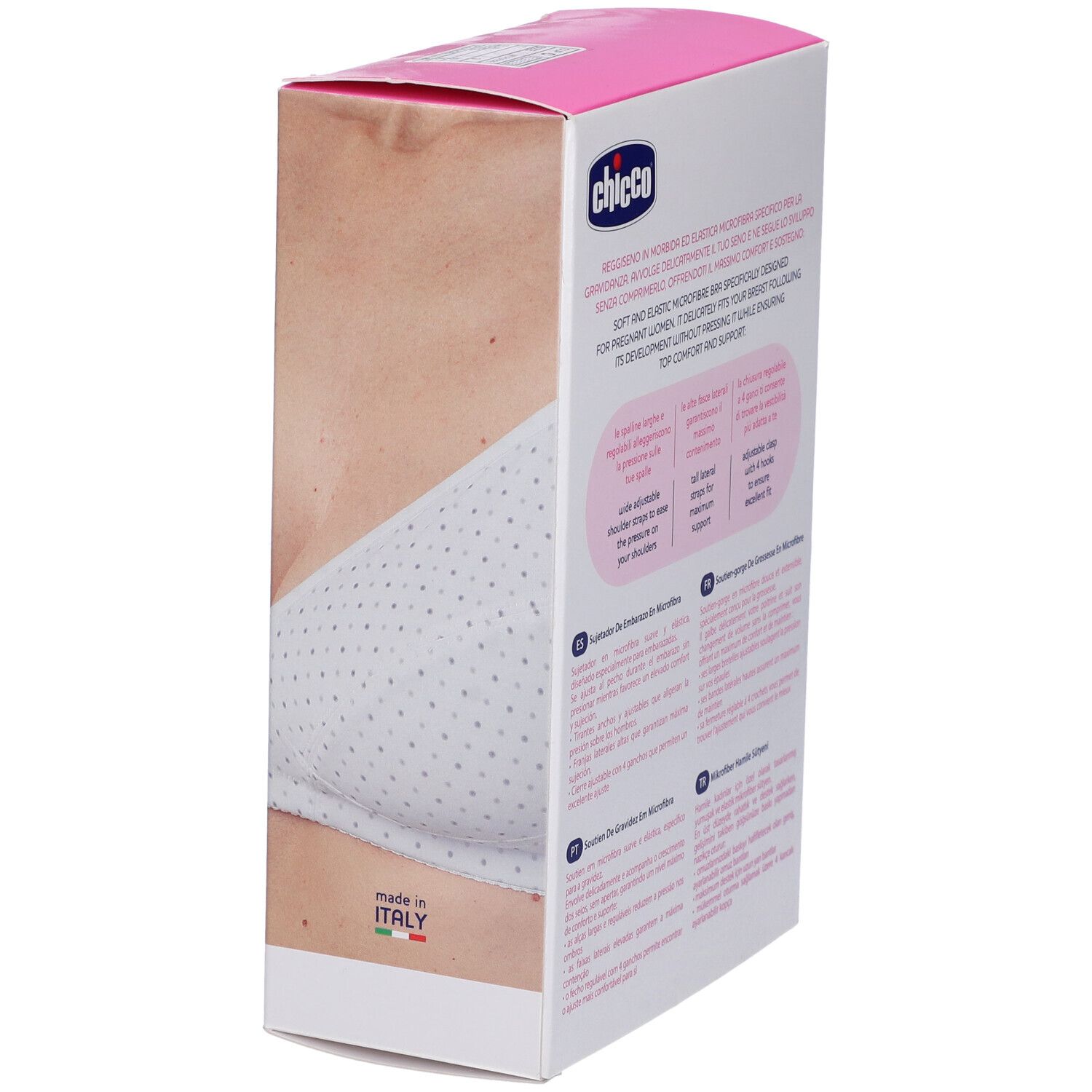 Vista laterale della scatola Chicco. Immagine del prodotto: reggiseno premaman in microfibra. Prodotto in Italia.