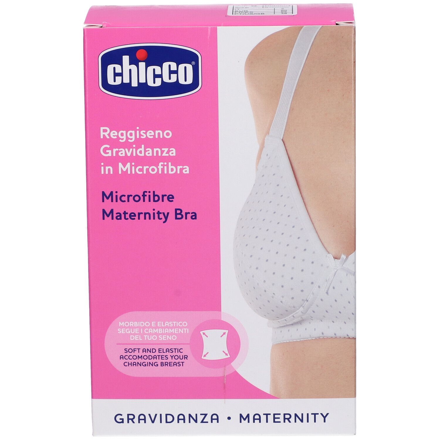 Scatola Chicco con reggiseno premaman in microfibra. Bianco a pois. Scritto: Reggiseno Gravidanza in Microfibra.