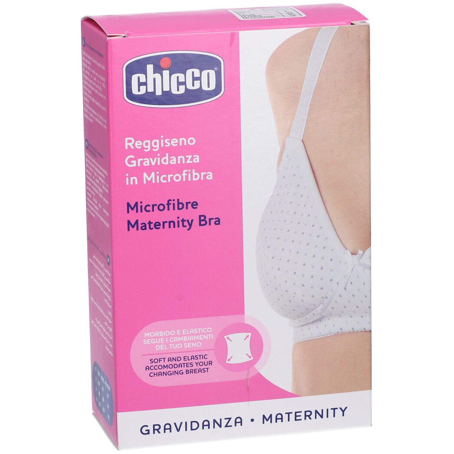 Scatola Chicco con reggiseno premaman in microfibra. Bianco a pois. Scritto: Reggiseno Gravidanza in Microfibra.