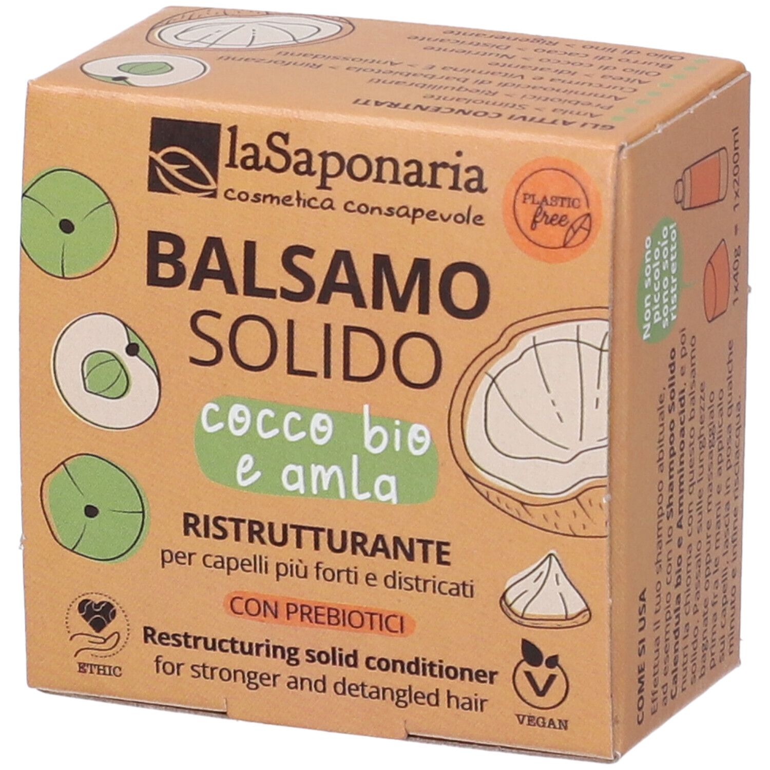 Confezione in cartone con logo e nome prodotto. Scritta: Balsamo Solido, Cocco Bio e Amla. Sigillo vegano.