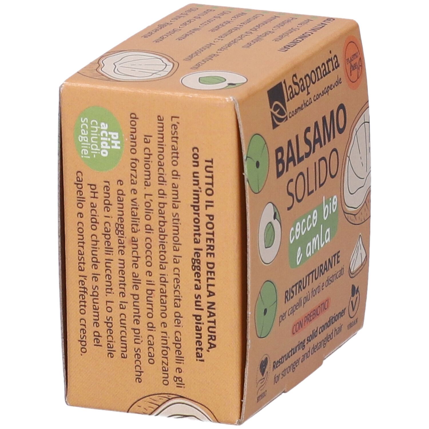 Confezione in cartone, angolata. Testo: Balsamo Solido, Cocco Bio e Amla. Contiene informazioni su ingredienti e benefici.