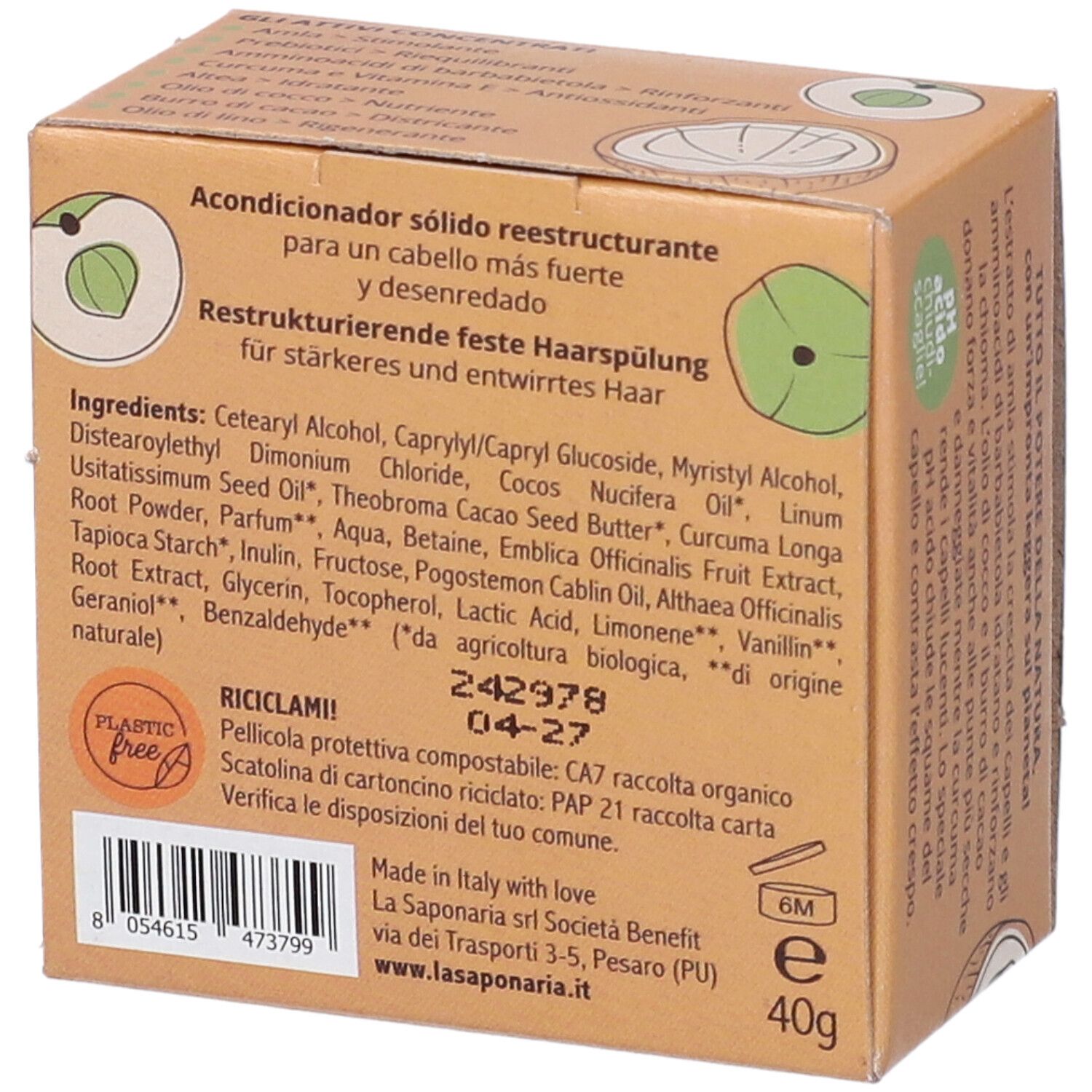 Retro della confezione in cartone. Contiene ingredienti, peso (40g) e informazioni sul riciclo. Sigillo vegano.