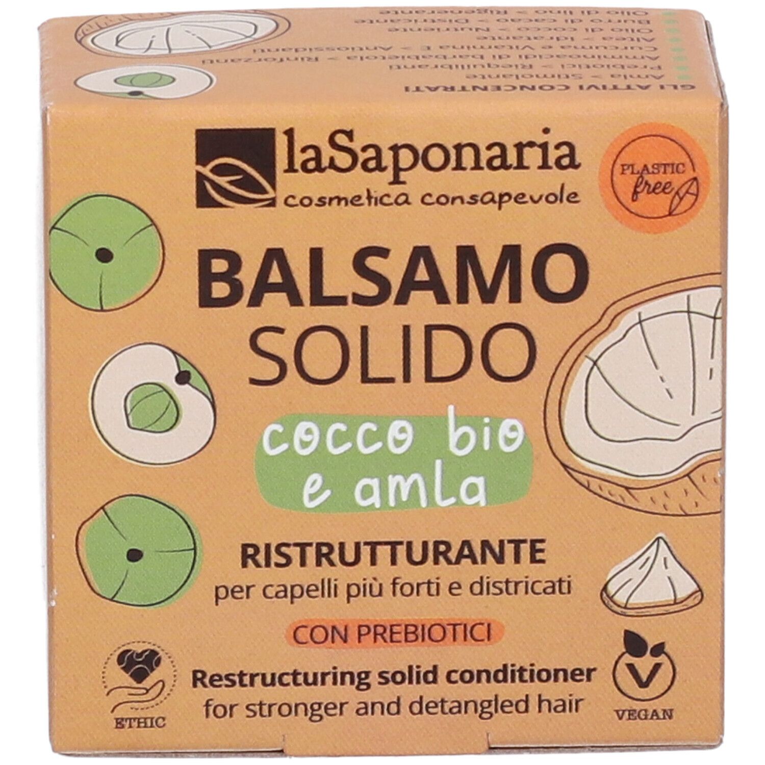 Confezione in cartone con logo e nome prodotto. Scritta: Balsamo Solido, Cocco Bio e Amla. Sigillo vegano.