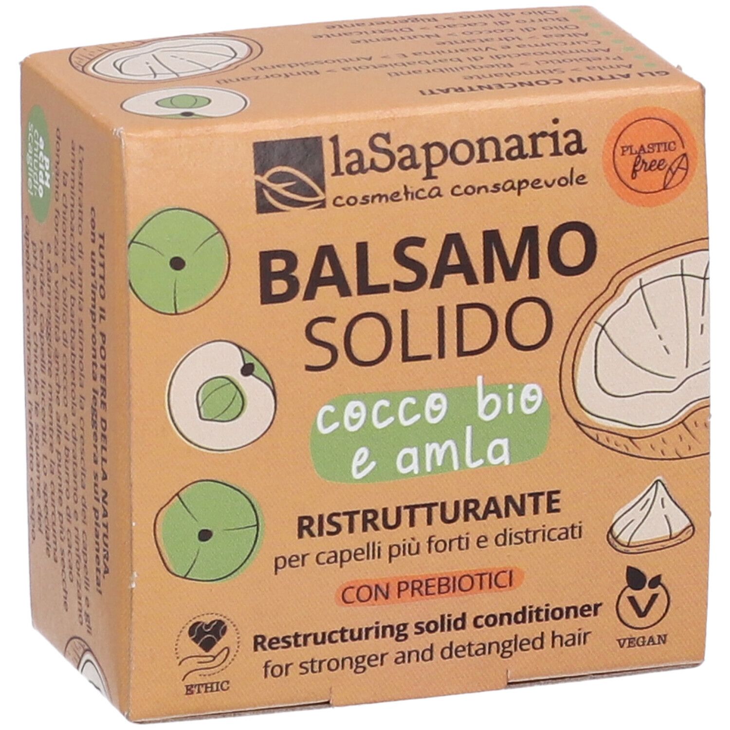 Confezione in cartone con logo e nome prodotto. Scritta: Balsamo Solido, Cocco Bio e Amla. Sigillo vegano.
